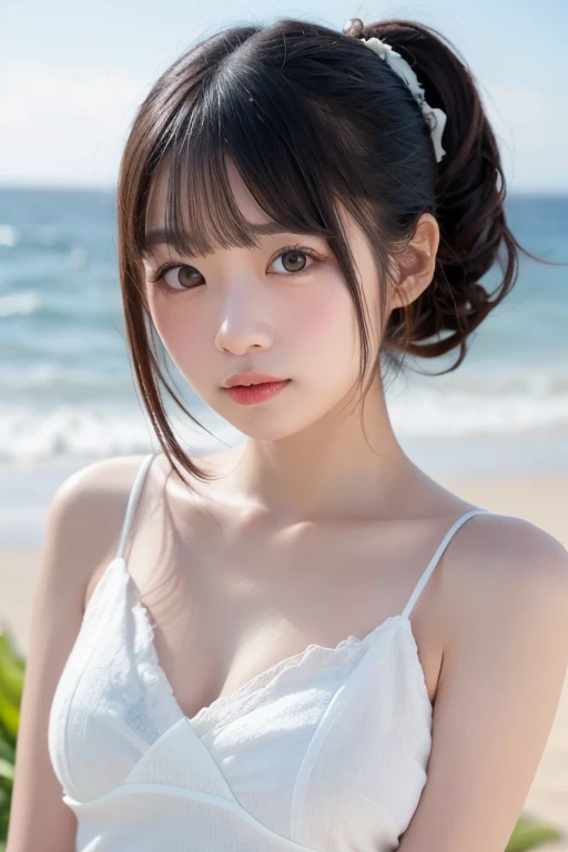 (Dynamic Angle:1.3),Extreme close up,((the wind is strong)),映画ofハイライト,1人of女of子,Upper Body,dancing,View your viewers, ((On the beach, alone)), jewelry, blank eyes,brooch, 茶hair,( 長いhair:1.2),floating hairlong_sleeve, ribbon, Jacket, dress, gem, hair_ribbon,null, depth_of_Field, a close view of flying petal,smile