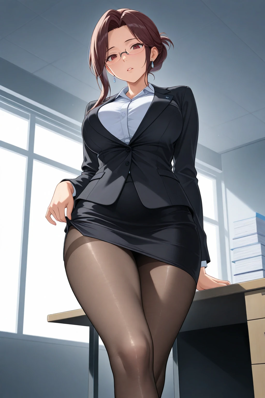 (Masterpiece, Best Quality, High Quality:1.4), professional artwork, Intricate Details, field of view, sharp focus, detailed painting, masterpiece, cinematic lighting, trending on pixiv, (vivid lighting, vibrant colors, by by Nagasawa Rosetsu:1.05),
Hiroko Takashiro, (mature female, milf:1.1), solo, (curvy:1.1), standing near chalkboard, holding chalk, classroom, (full body shot:1.1),
(red hair:1.05), long hair, lipstick, makeup, ultra detail hair, ultra detail face, (purple eyes:1.05), perfect eyes, perfect face, earrings, (confused, blush:1.2),
shirt, jacket, (black thighhighs, garter belt:1.1), zettai ryouiki, pencil skirt, school uniform, highheels,
(Large Breasts:1.1), Cleavage, big ass, thighs,