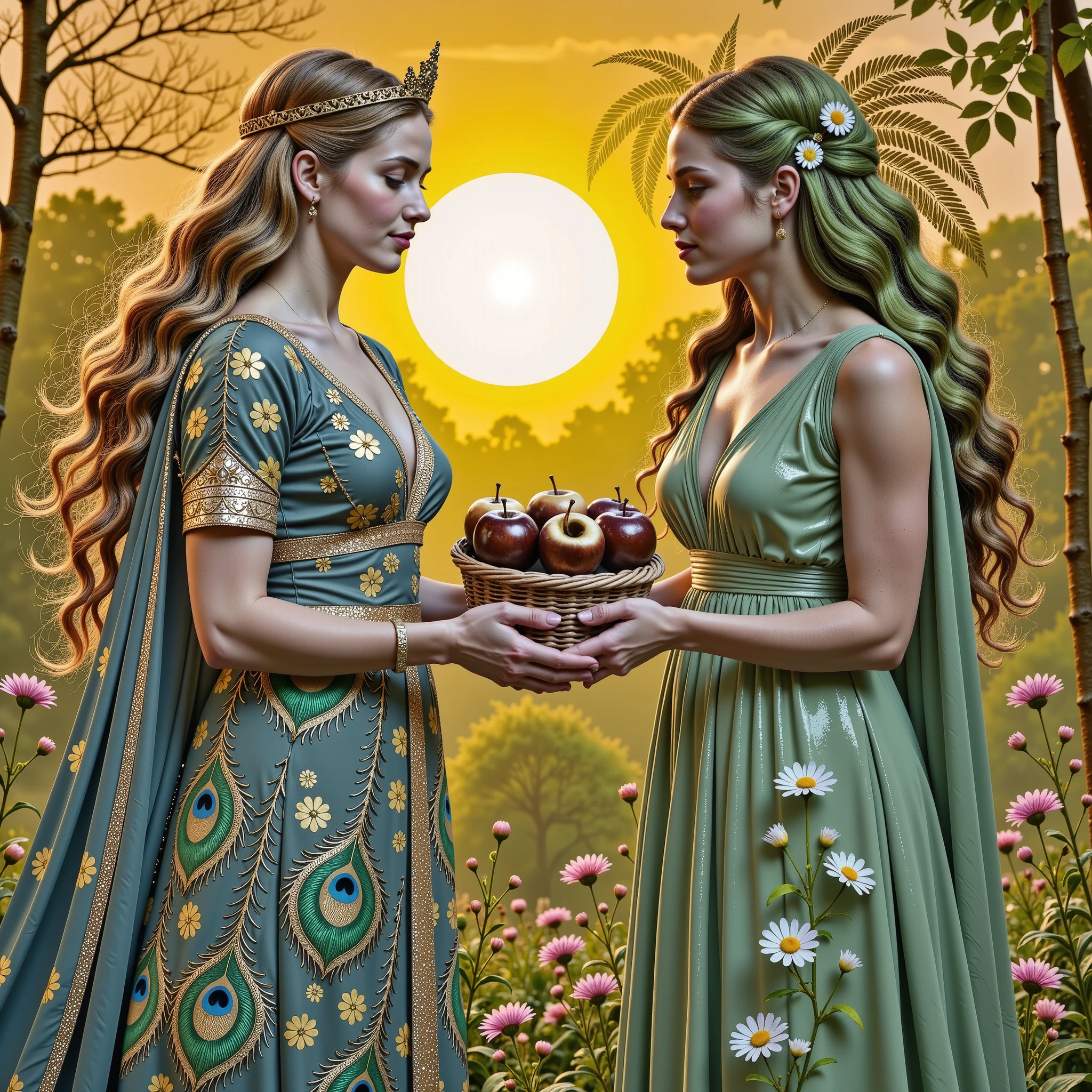 In a celestial garden bathed in soft golden light, Hera, Queen of the Gods, and Gaia, Titan of Earth, stand face to face with regal elegance and equal stature. Hera wears a flowing royal gown adorned with peacock feathers and gold embroidery, exuding divine authority. Gaia is dressed in a flowing robe, her verdant hair intertwined with blooming flowers. Between them, Gaia offers Hera a woven basket of golden apples, glowing with ethereal power. Their expressions are warm and solemn, personifying cosmic harmony.
Mist swirls gently at their feet. The interplay of light and shadow enhances the emotional depth and divine serenity. Style: cinematic realism with Renaissance elegance, rich detail, and harmonious composition.