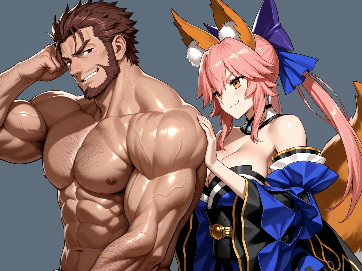 1girl, long hair, breasts, blush, open mouth, bangs, hair ornament, thighhighs, gloves, 1boy, bare shoulders, jewelry, green eyes, pink hair, white hair, hetero, multicolored hair, earrings, tongue, elbow gloves, tongue out, leotard, streaked hair, tattoo, grabbing, crown, corruption
