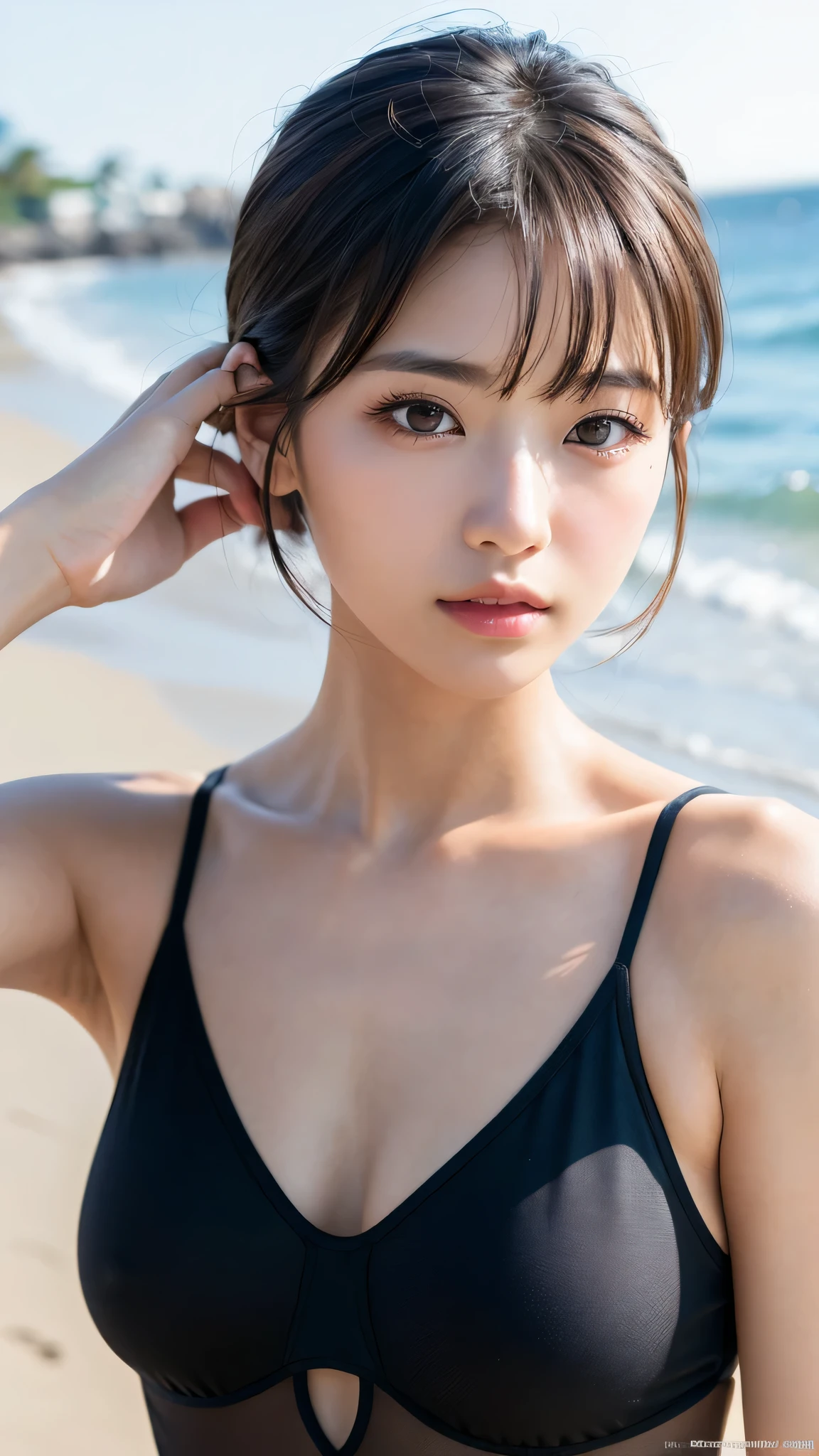 Tabletop, Highest quality, figure, Very detailed, In detail, High resolution, 8k wallpaper, Perfect dynamic composition, Beautiful attention to detail , Beach, Sexy Face,A face of ecstasy,The face at the peak of sexual arousal