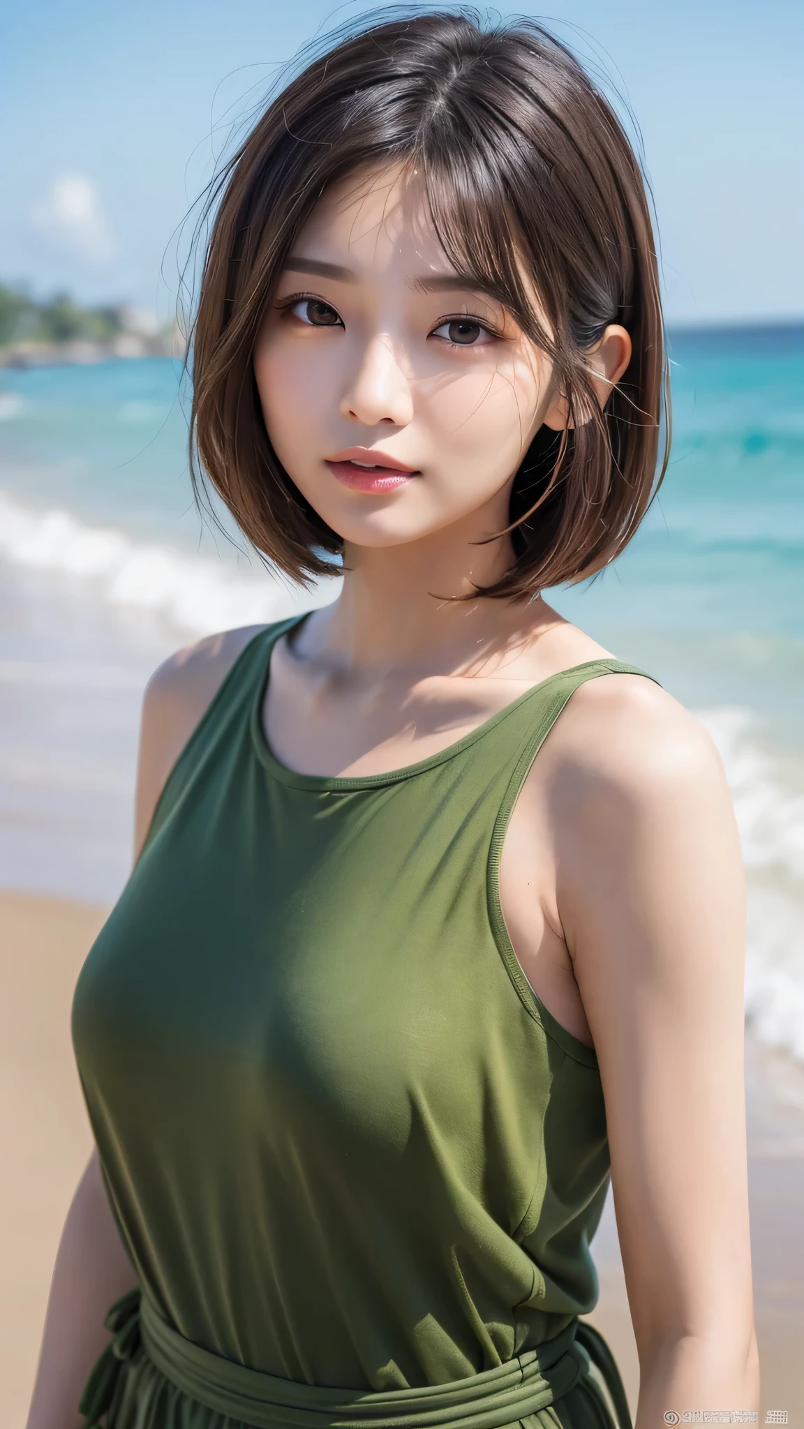 ((Japanese idol)), Perfect proportions, Big breasts, Thin waist, Beautiful legs, ((Tabletop:1.3), High resolution, Super detailed, Highly detailed CG Unity 8K wallpaper, Realistic, Photorealistic Stick, RAW photography, beautifully detailed face, white skin, realistic glowing skin, detailed hair texture, perfect body, beautiful face, Acura, anatomically correct, highly detailed face and skin texture, nature long neck, (beautiful hands), (fair skin: 1.2), slender legs, slender legs, sexy thighs,
Fine eyes, symmetrical eyes, light brown eyes, double eyelids, thin eyebrows, (young face:1.4), (Arafe woman wearing a moss green retro flower crossy wire one piece swimsuit:1.4),
(Very cute girl: 1.3), (natural makeup)
(Big breasts: 1.3), (Firm chest, nice chest shape, slender figure: 1.1), Tight abs,
(Dark brown hair, wavy hair, ear hook short bob hair: 1.2), ((asymmetrical bangs: 1.2))
((Heavy Rain、Sheltering from the rain on the beach: 1.2)),
((At Waikiki Beach, Hawaii)), ((Upper body shot, looking at viewer, distance from side)),((dynamic pose: 1.1)),
sensitive smile,water's edge,Wind,Japanese,cute girl、