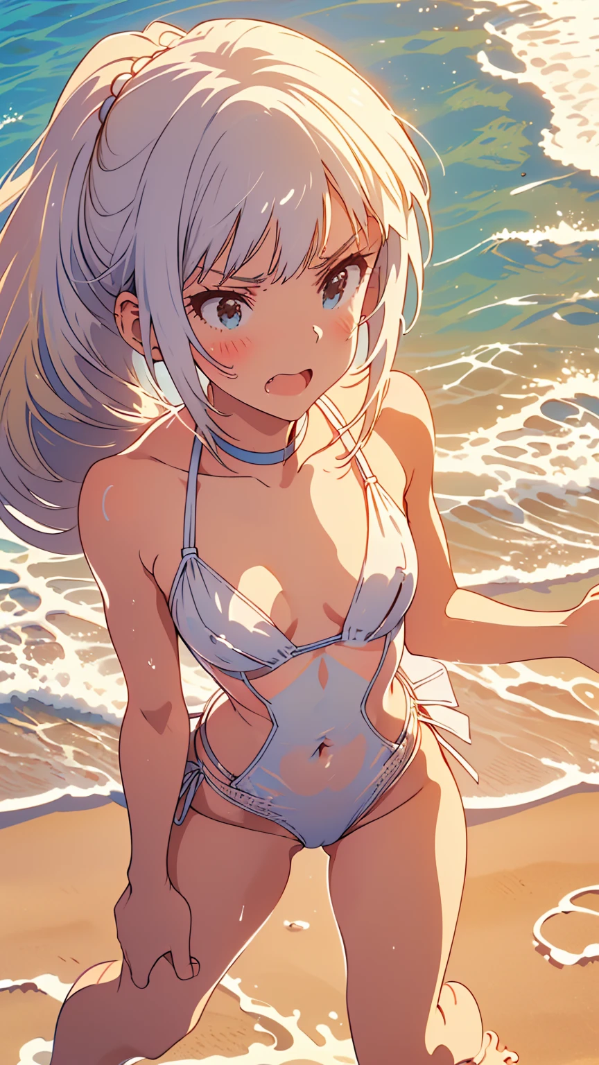 (anime artwork, anime style, studio anime, very detailed, up to date, vibrant, Anime Coloring, high contrast, masterpiece:1.2, best quality, best aesthetics),2 girl,hug from behind,bikini, Medium chest, A glimpse of thighs,random hair, One eye is hidden by the bangs, perfect proportions, high detail skin, Cute, detailed faces,beach, precise fingers,curvy,swim suits  crowd, dark skin,cocoa skin, swim suit tanned,full body 