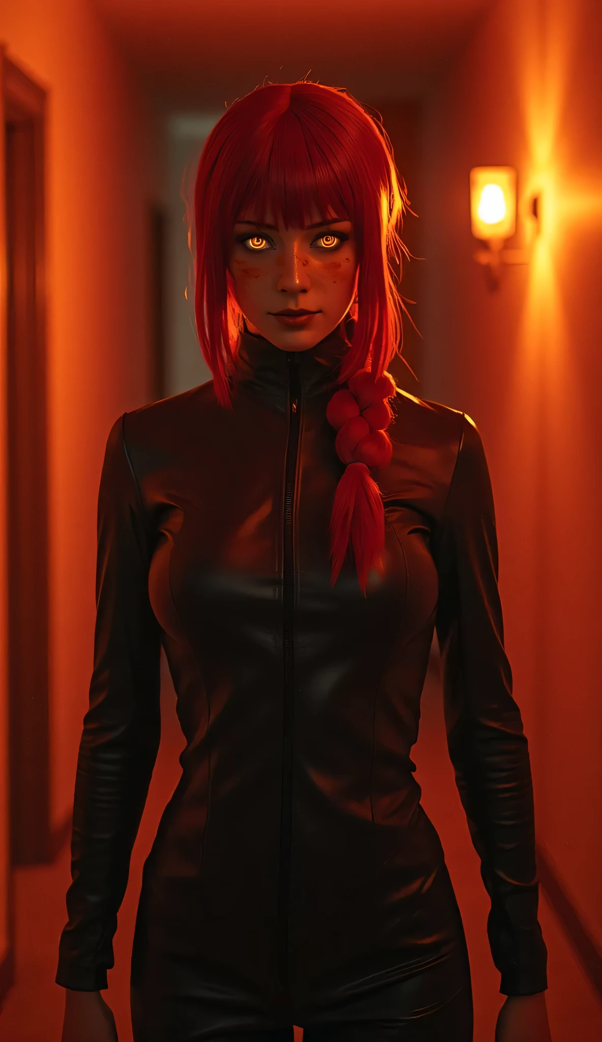 masterpiece, cinematic full body shot, Makima (Chainsaw Man) walking forward slowly, glowing orange eyes, hypnotic gaze, long braided red ponytail swaying, horror mood lighting, soft backlight with orange-red tint, volumetric lighting haze, dark aesthetic, evil smile, glowing highlights on eyes and lips, realistic texture skin, high-res detail, sharp focus, film grain overlay, scratchy horror artstyle, eye trail effect (1.2), dramatic shadows, low angle front-facing shot, night indoor setting with minimal warm light pools