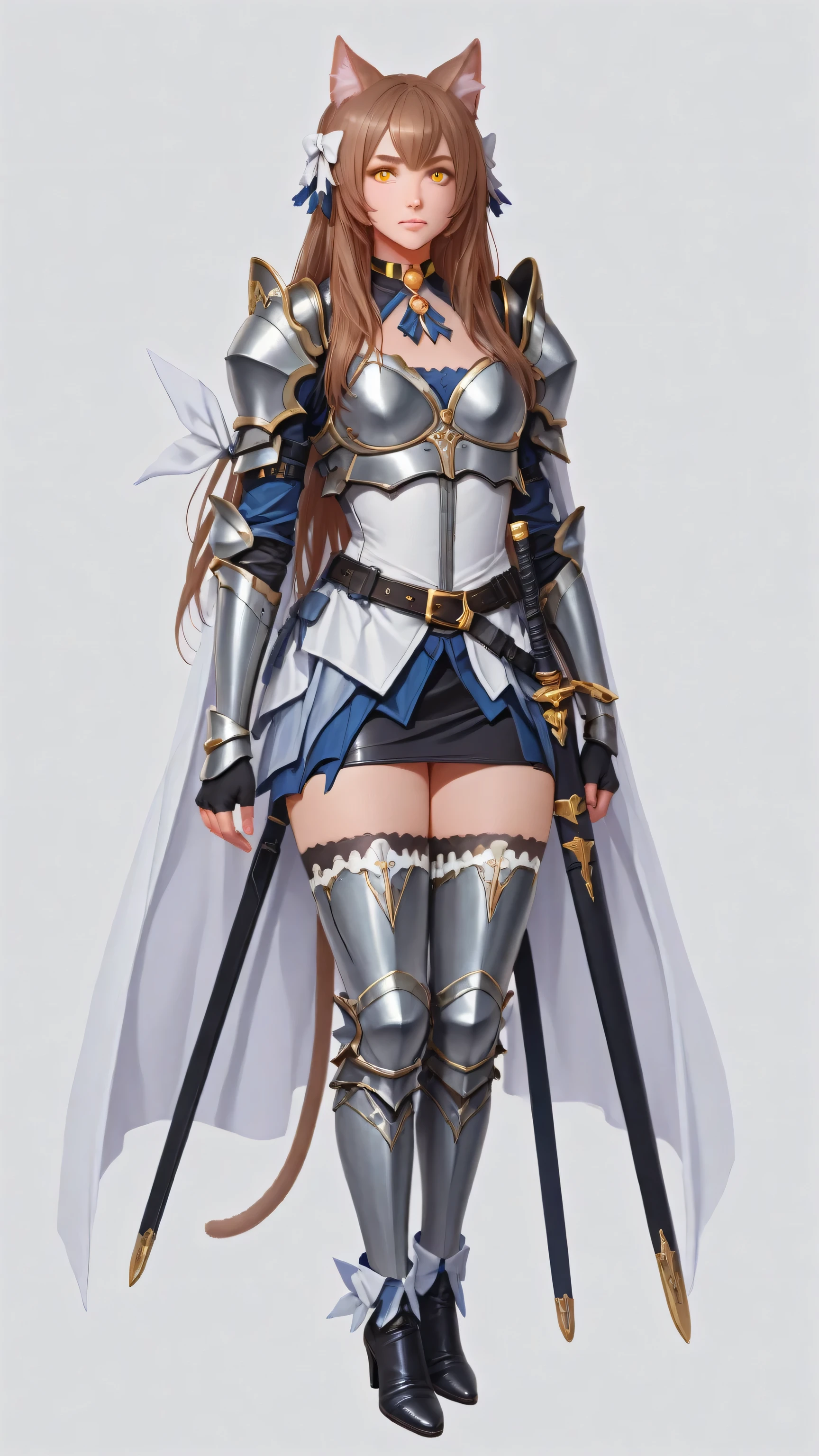 ((masterpiece:1.2)), ((highest quality)), concept art, character concept art, character sheet, (masterpiece), best quality, 1girl, solo, a girl in armor and a crown,white armor, golden decoration, off-shoulder, breasts, thighhighs, long hair, brown hair, sidetail, armored legs, cleavage, bare shoulders, zettai ryouiki, crown, gloves, armor, simple background, white gloves, high heels, shoulder armor