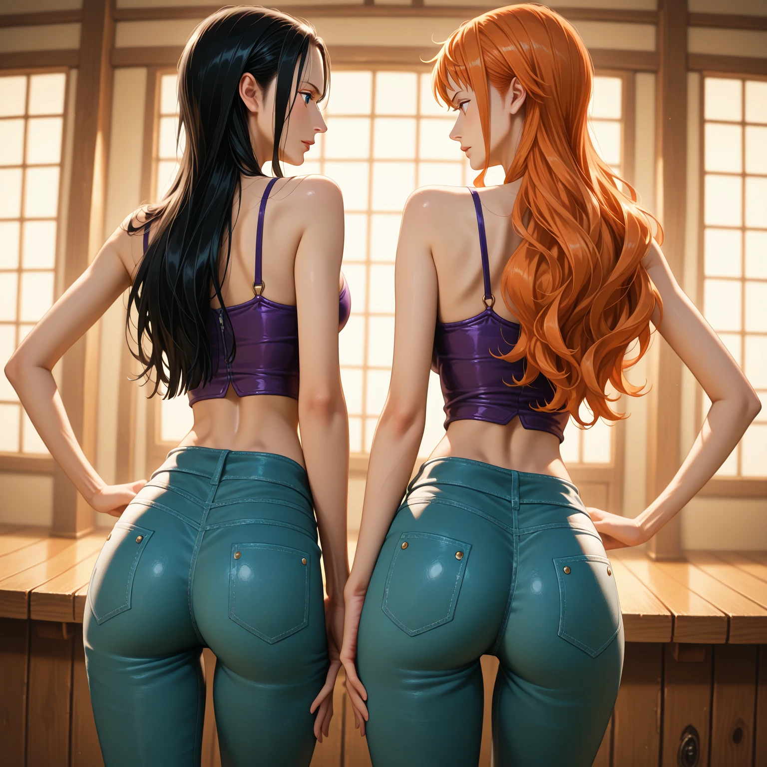 beautiful- back- butt- pert- sexy- short skirt- bare butt- smile- redhead- high heels- blue eyes- hair in braids- thin waist
