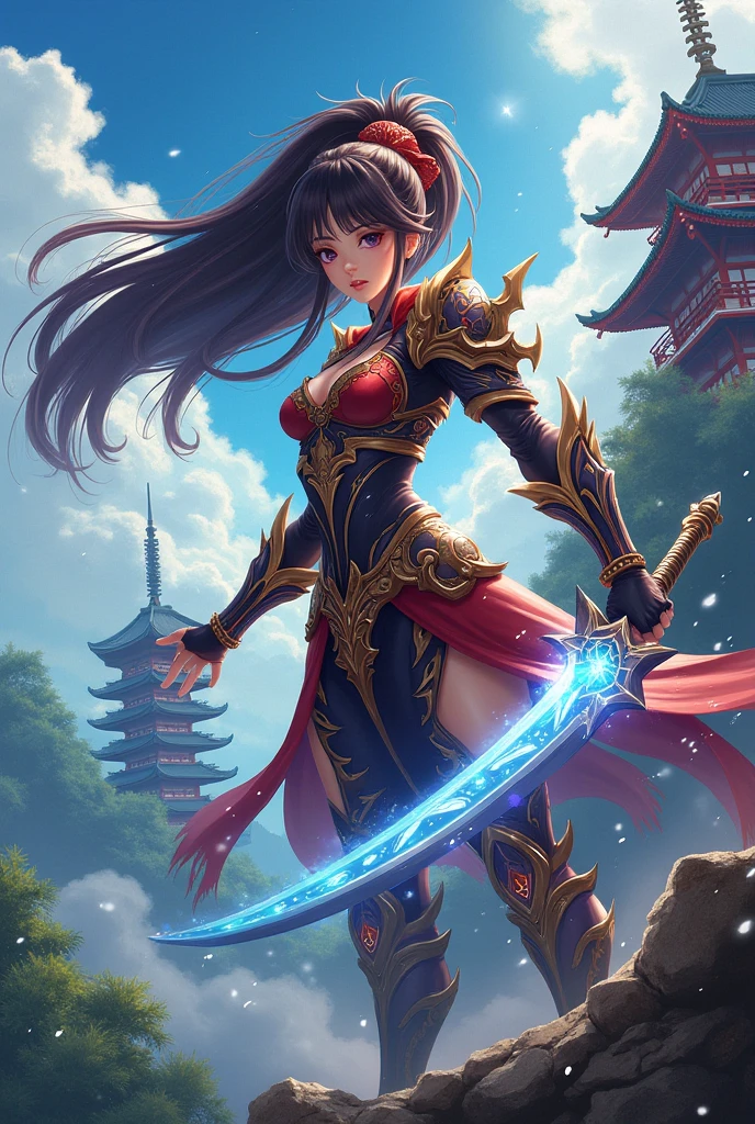 Holding a long sword(Battle pictures,Battle close-up,Dynamic shooting),((epic work,Mai Shiranui,Smooth skin inlaid with armor,Huge breasts,Ancient battlefield of China,High Ponytail,Shoot from below,Rich scene details,There was smoke everywhere,There is a tall tower in the distance,The flames lit up the sky red)),(18 years old,Majestic and serious expression),
