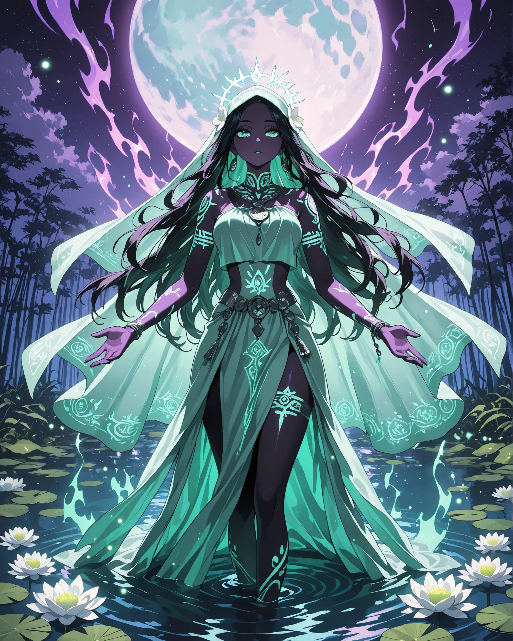 A mysterious indigenous Brazilian woman with long, flowing dark hair and gentle eyes, wearing a white ceremonial dress made of soft plant fibers, stands waist-deep in a calm, moonlit Amazon river, Around her, large, circular water lilies (Victoria amazonica) float gently, A single, bright white flower blooms beside her, Above, the full moon reflects off the water, creating a surreal, dreamlike aura, Her expression is calm, melancholic, and sacred. Fireflies glow faintly, and a soft mist envelops her like a veil. Her skin is warm-toned, and subtle tribal patterns shimmer on her arms like ancestral blessings, The scene appears magical, serene, and melancholic, Highlights are pale aqua green, pearly white, soft purple, and lunar silver.