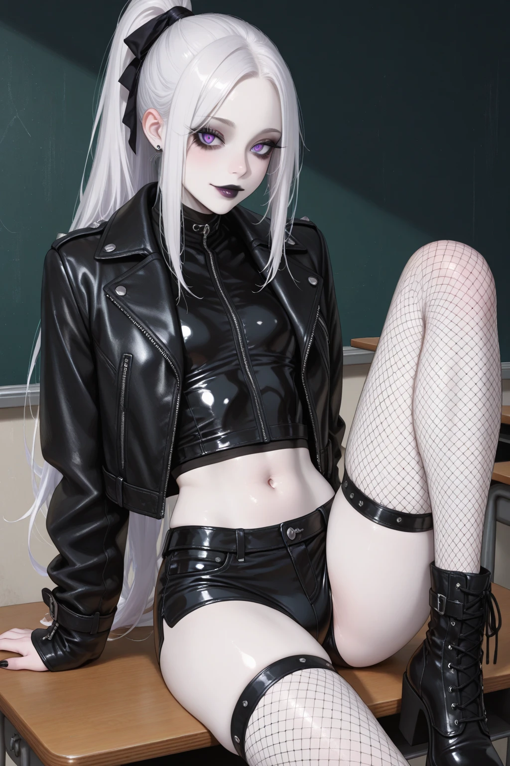 (black clothing), Cute 18 yo (albino:1.4)woman of Slavic descent.(short:1.1), , long white hair, gray eyes, ((very pale:1.4)). Innocent look. Gentle spirit.(virgin), (joy:1.2),(smile:1.3). (Playful:1.2). Mascara, eyeglasses, red lipstick, Leather jacket, sheer lace top, Tight leather pants, pink Chuck Taylor All Stars.