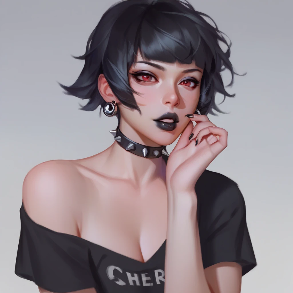 (masterpiece), best quality, expressive eyes, black eyes, perfect face, nana, short hair, black hair, earrings, piercing, lipstick, collar, makeup, ear piercing,cigarete,sadness,sexy,sorrow