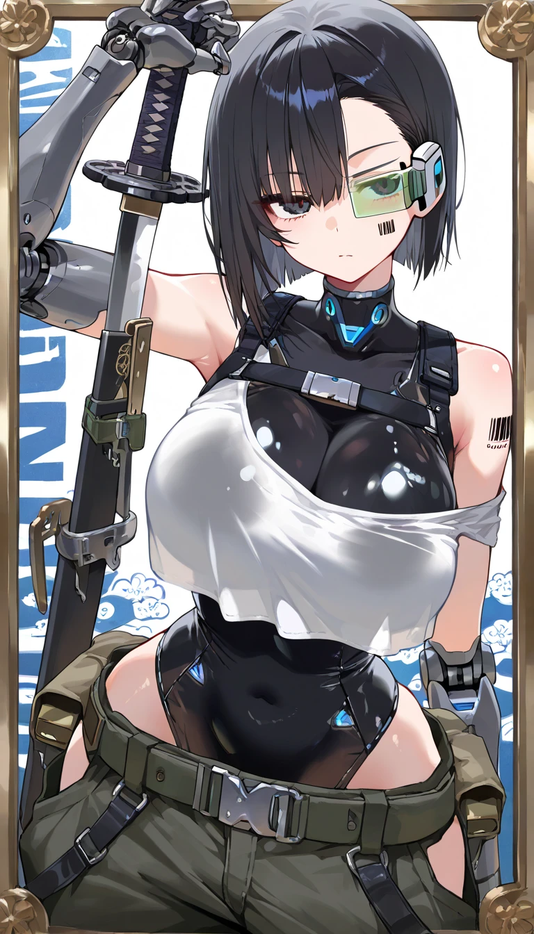 Naked Busty anime girl with black short hair holding an AUG rifle gun on his chest