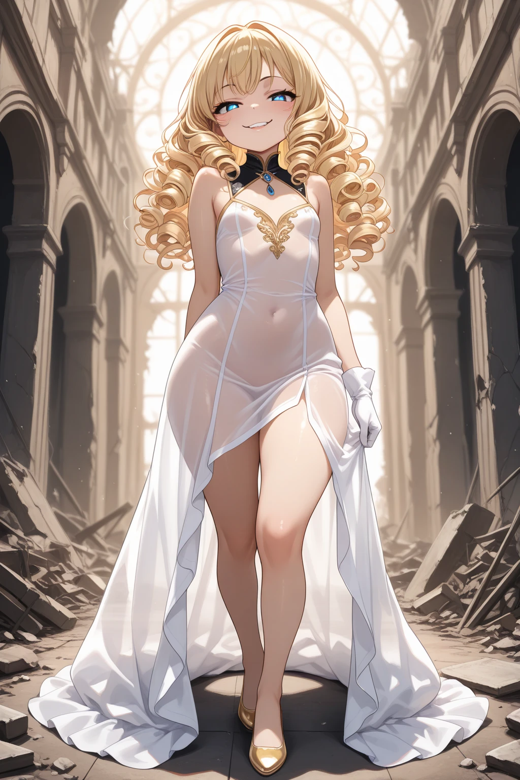 (best quality, masterpiece, ultra high resolution), (8k wallpaper, high-definition, HDR, RAW), (authenticity: 1.4), (full body shot), 1girl, ((Anime Royal Bride)), ((Long Blonde straight hair)), ((Pretty Anime Girl)), ((Beautiful Bride Outfit)), ((Fishnets)), ((Big eyes)), ((Pale skin)), amazing slim body, female curves, huge breasts, large breasts, long legs, thick thighs, sexy flat tummy, perfect hands, ((wearing Tight Dress)), ((Hig-heels)), standing, ((Happy smile)), ((Outside Church)), natural illumination, sunlight illumination, divine illumination