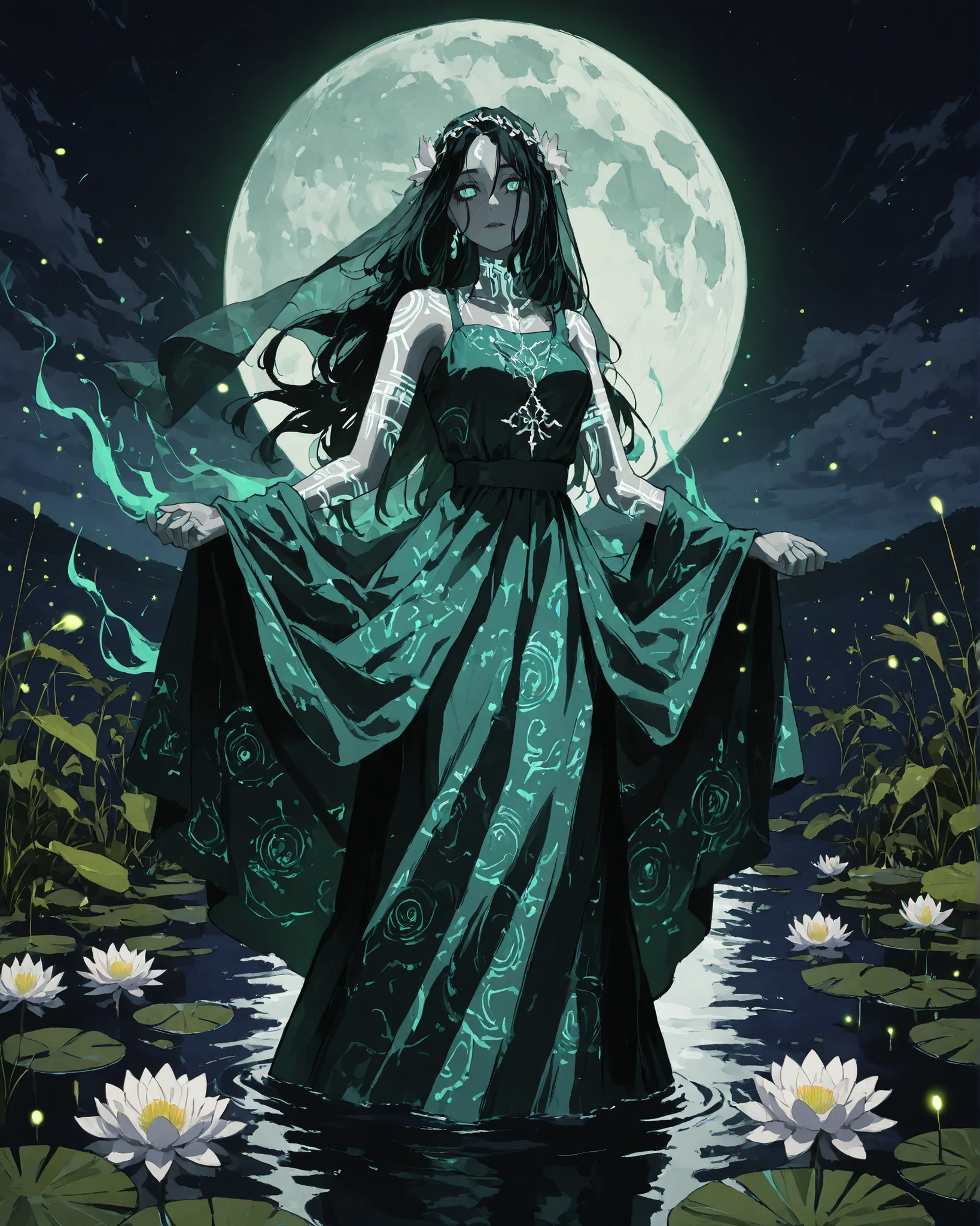 A mysterious indigenous Brazilian woman with long, flowing dark hair and gentle eyes, wearing a white ceremonial dress made of soft plant fibers, stands waist-deep in a calm, moonlit Amazon river, Around her, large, circular water lilies (Victoria amazonica) float gently, A single, bright white flower blooms beside her, Above, the full moon reflects off the water, creating a surreal, dreamlike aura, Her expression is calm, melancholic, and sacred. Fireflies glow faintly, and a soft mist envelops her like a veil. Her skin is warm-toned, and subtle tribal patterns shimmer on her arms like ancestral blessings, The scene appears magical, serene, and melancholic, Highlights are pale aqua green, pearly white, soft purple, and lunar silver.