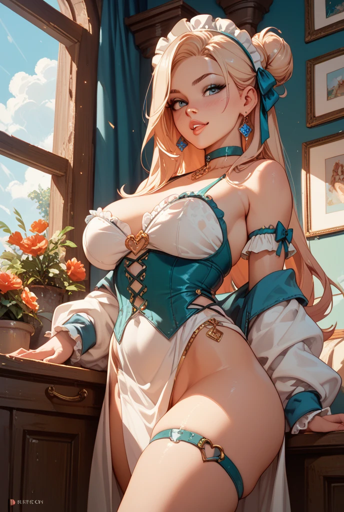 Best quality, masterpiece, ultra high res, raw photo, beautiful and aesthetic,deep shadow, dark theme,(ultra detailed:1.3),
1girl, sitting pose, Headdress, (beautiful face, detailed eye:1.2), embarrassed, (busty breasts, gigantic breasts:1.1), drill hair, long hair, blonde hair, gradient hair, yellow eyes, solo, big hair, blue hair, divine goddess, looking at viewer, indoors, royal palace, medieval bedroom, astraea, full body, underbust corset