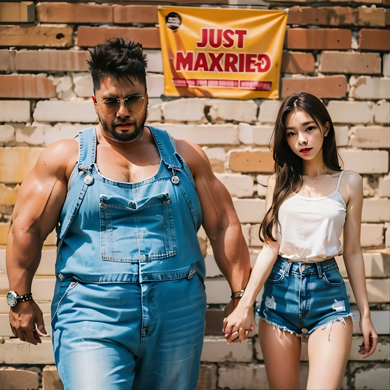 A slightly chubby and handsome man wearing a white T-shirt, shorts, and a baseball cap with narrow eyes is facing a slender, beautiful woman with long hair and straight bangs, who also has narrow eyes and is wearing a knee-length dress shirt. They are staring at each other in front of a furniture store named "Boleh Boleh Furniture."
