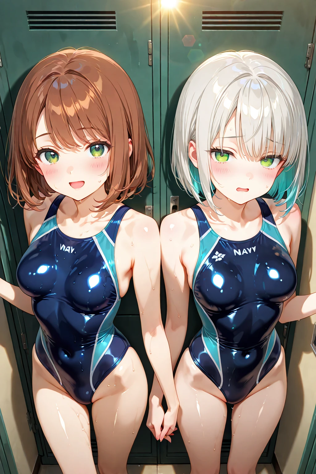 masterpiece、highest quality、High resolution、Two realistic girls、Competitive swimmer、Close-up of a person、Wearing a bodysuit of your choice、During Competitive swimmerics competitions、smile、Swimming Venues、sexy competitive swimwear
