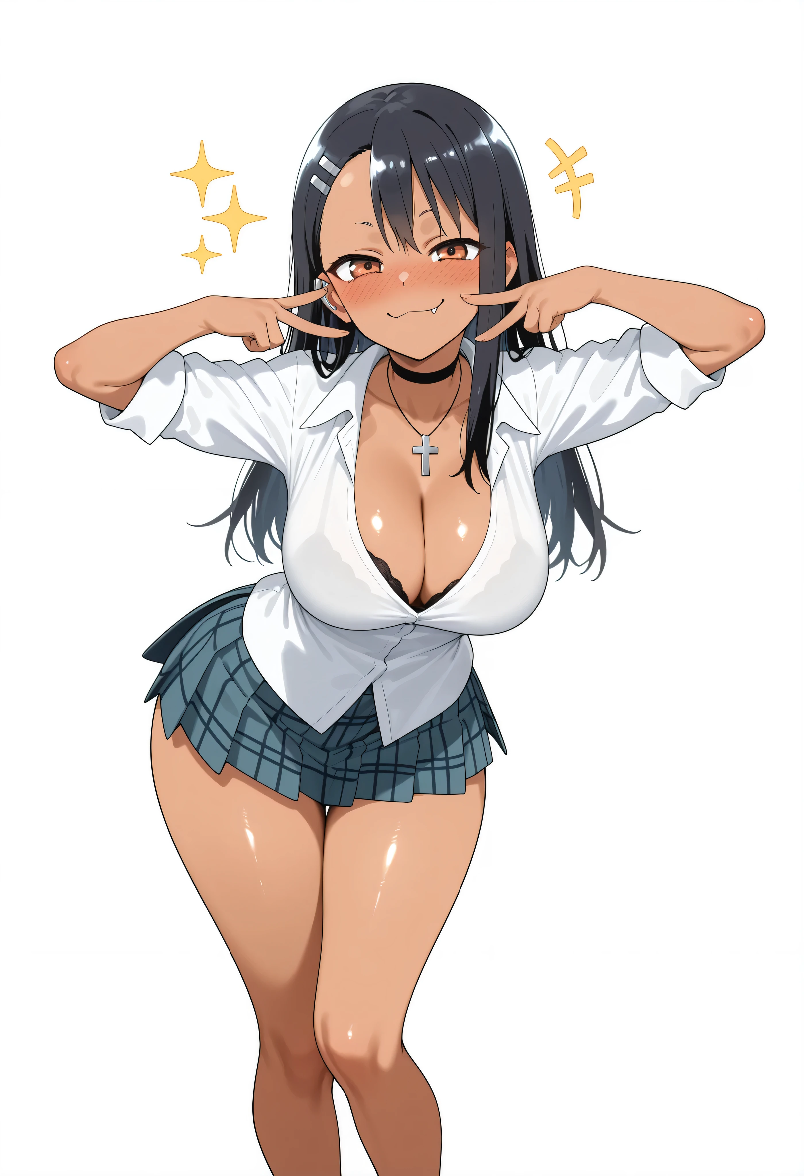 masterpiece, best quality, solo, curvy, beautiful eyes, looking at viewer, blush, smile, closed mouth, smug, smile, looking at viewer, shiny skin, nice legs, clear skin, clear body, clear hair, shiny skin, shiny hair, shiny legs, shiny body, nose blush, black hair, rounded breasts, thick breasts, white background, simple background, standing, nice legs, looking at viewer, SOLO, shirt, white shirt, plaid skirt, choker, cross necklace, bra peek, black bra peek, mini skirt,  hayase nagatoro, long hair, bangs, black hair, hair ornament, brown eyes, hairclip, fang, dark skin, dark-skinned female, tan,, random pose, TOO MUCH CLEAVAGE
