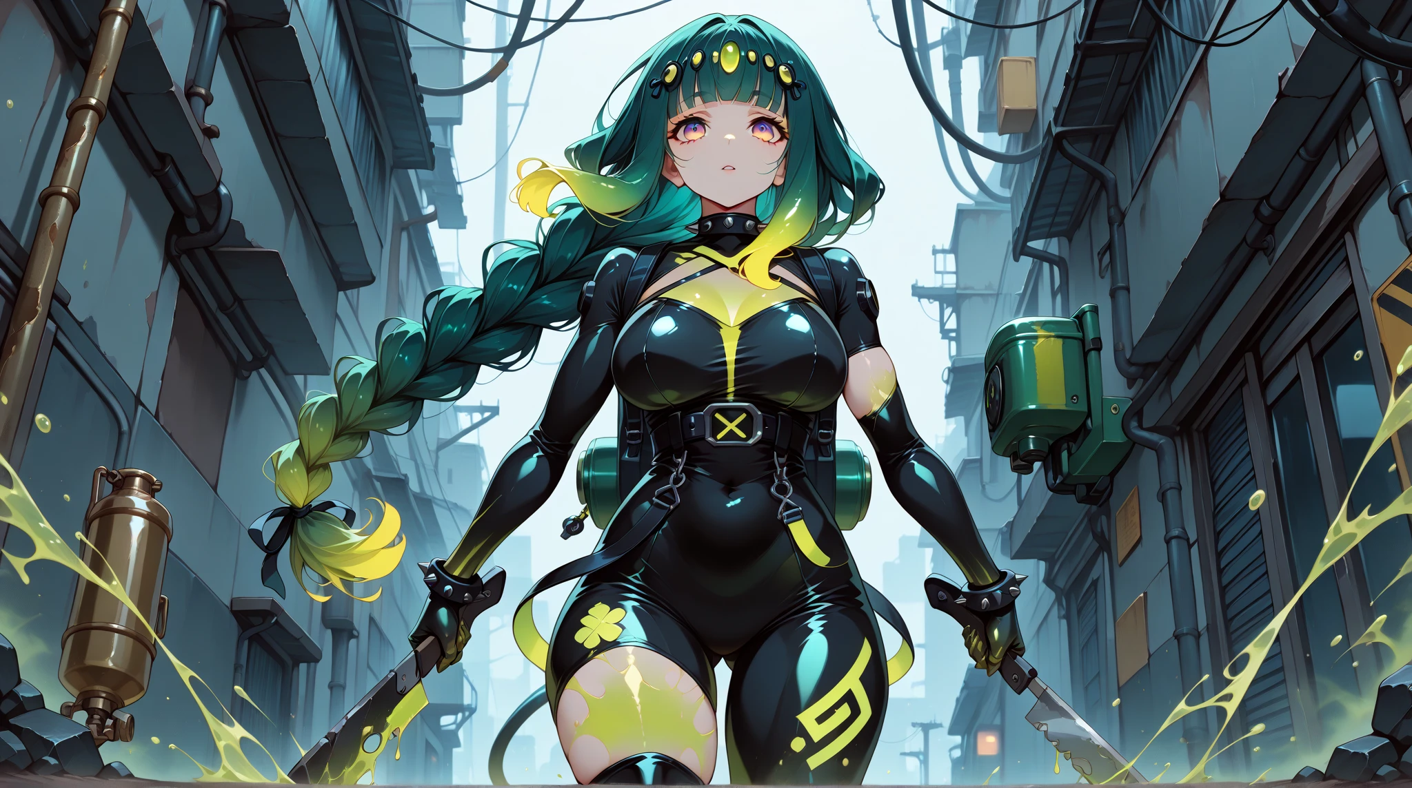 cyborg、Cyberpunk Girl、Mechanical armor on both arms、Futuristic goggles、long green hair、White clothing
