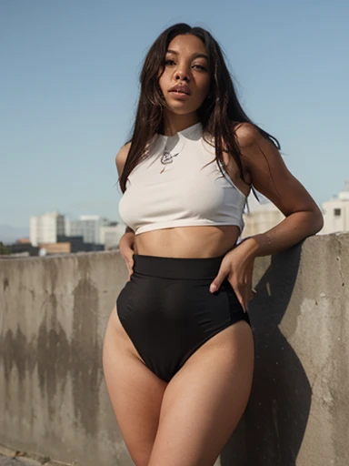 Siting, (Beautiful brown skin girl, (KIKI Layne), Kylie Jenner, maitreyi ramakrishnan, Jessica Alba, 18 years), big round breasts, slim waist, big hips, beautiful soft thighs, beautiful legs, Wearing tight white and black cotton-Lycra-fabric long sleeve mini dress, vibrant, vivid, perfect lighting, HDR, 8k, ((intricate detailed:1.4)), ((hyper realistic)), Extremely Realistic, Realism, Raw photo, Photography, Photorealism, Photoshoot,