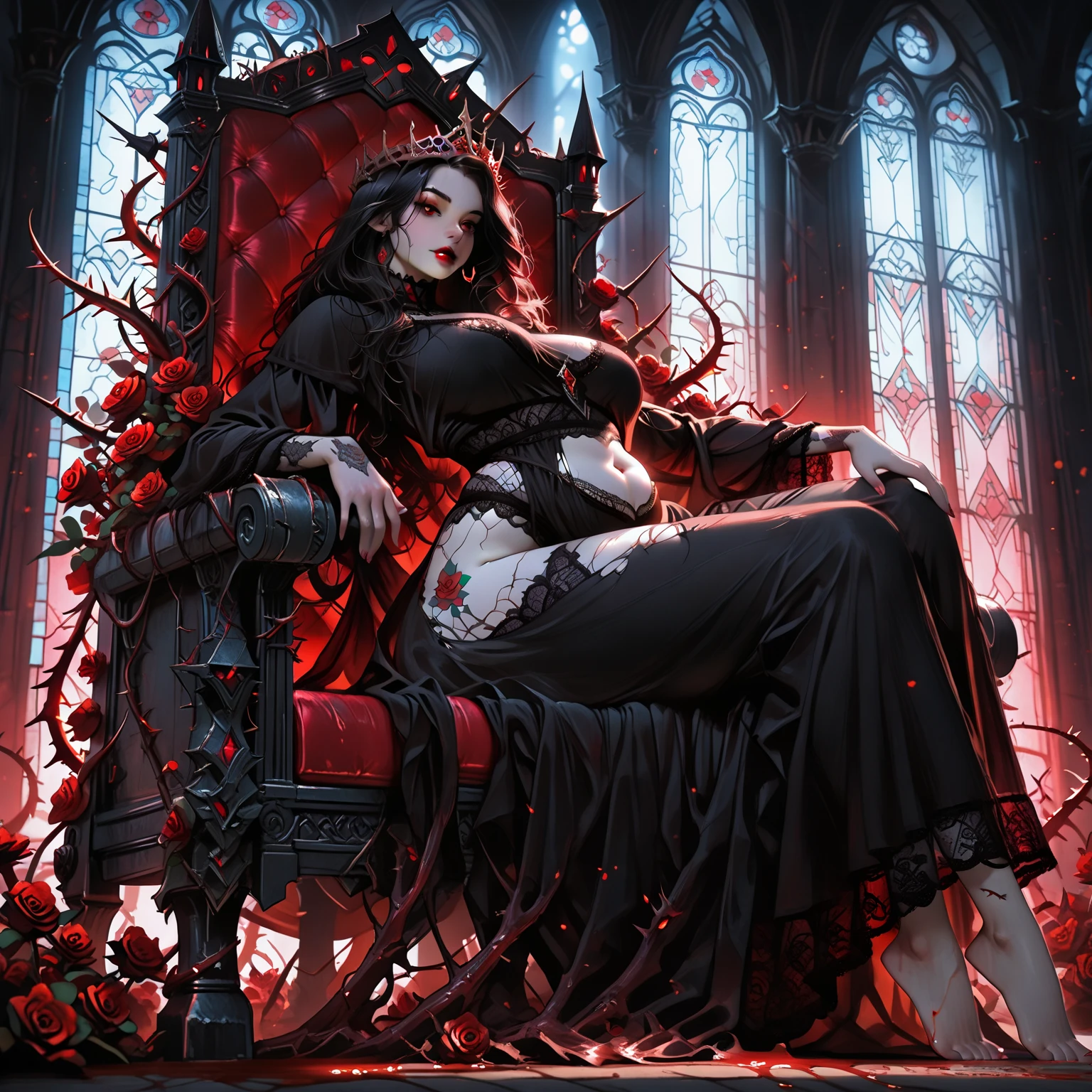 a picture of a vampire queen sitting on her dark throne, a (vampire queen: 1.1) wearing dark blue dress, royal dress, dynamic hair, bold intense eyes, extremely exquisite beautiful queen, perfect body, (anatomically corect: 1.3), ultra feminine, ultra detailed face, red lips, red glowing eyes, she sits on a dark frightful, a throne of fear, and might, throne carved from black marble , legendary symmetric design, with (many carvings in the marble: 1.3), skulls on the handles, decorated with rubies, and opal gems, dark fantasy hall room background, (masterpiece: 1.4) intense details, highly detailed, photorealistic, best quality, highres,16k, [ultra detailed], masterpiece, best quality, (extremely detailed), close up, ultra wide shot, photorealistic, RAW, fantasy art, dnd art, fantasy art, realistic art,((best quality)), ((masterpiece)), (detailed: 1.5), ladyshadow, RagingNebula