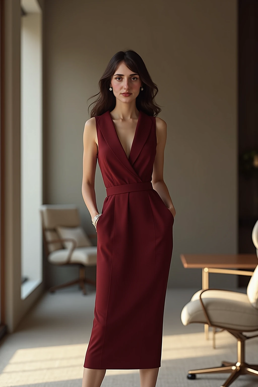 (medium full shot) of (attractive office secretary) young woman, swedish, blue eyes, fair skin, slender, side braid hair, wearing a deep burgundy elegant wrap top, midi skirt, classic pumps, elegant wristwatch, light blush, surprised, open mouth, pointing her finger at the viewer, set in a sleek, professional meeting room with glass walls, contemporary artwork, and a minimalist design, creating an environment conducive to productive discussions, at night, ,Masterpiece,best quality, photorealistic, amazing quality, very aesthetic, extremely detailed face,