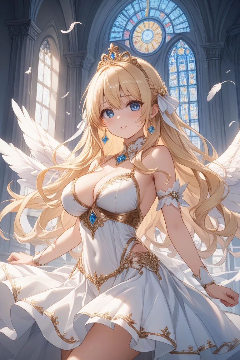 Highly Detailed CG Unity 8K Wallpaper, pretty girl, Mature blonde girl, Half Up,beautiful girl, Hot Maiden, Pale skin (super masterpiece, Fantasy art with intricate detail:1.5,Beautiful person, Well detailed face polluted smile, Her flat chest is completely hidden by her dress、Realistic, Surreal), Pray to the stars,Girl holding a big-eyed white cat in her arms