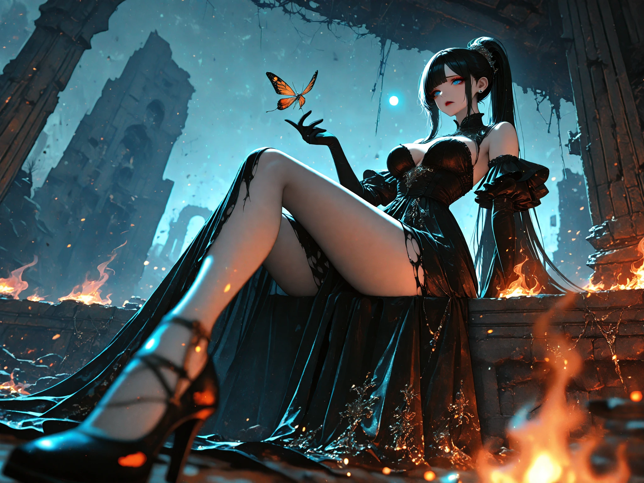 Official Art, Unity 8k wallpaper, super detailed, beautiful, beautiful, masterpiece, best quality,
darkness, epic, atmospheric, mysterious, taboo, romantic, creepy, literature, art, fashion, ancient china, decoration, intricate, silverwork, lace, contemplation, emotional depth, supernatural,
1 girl, blindfolded, solo, sitting with her legs up, black stockings, full body composition