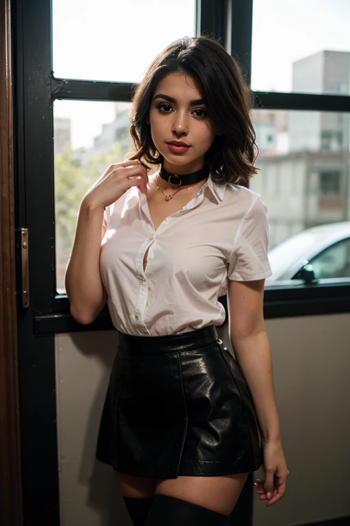 Photo from above of a young Caucasian woman with short dark hair. She is wearing a tight white button-up shirt, a black leather dog-collar, a dark-gray pleated miniskirt, and black shoes. She is kneeling on the floor, looking defiant. She is looking front and up, towards the camera. Both her arms are hidden behind her back. 
