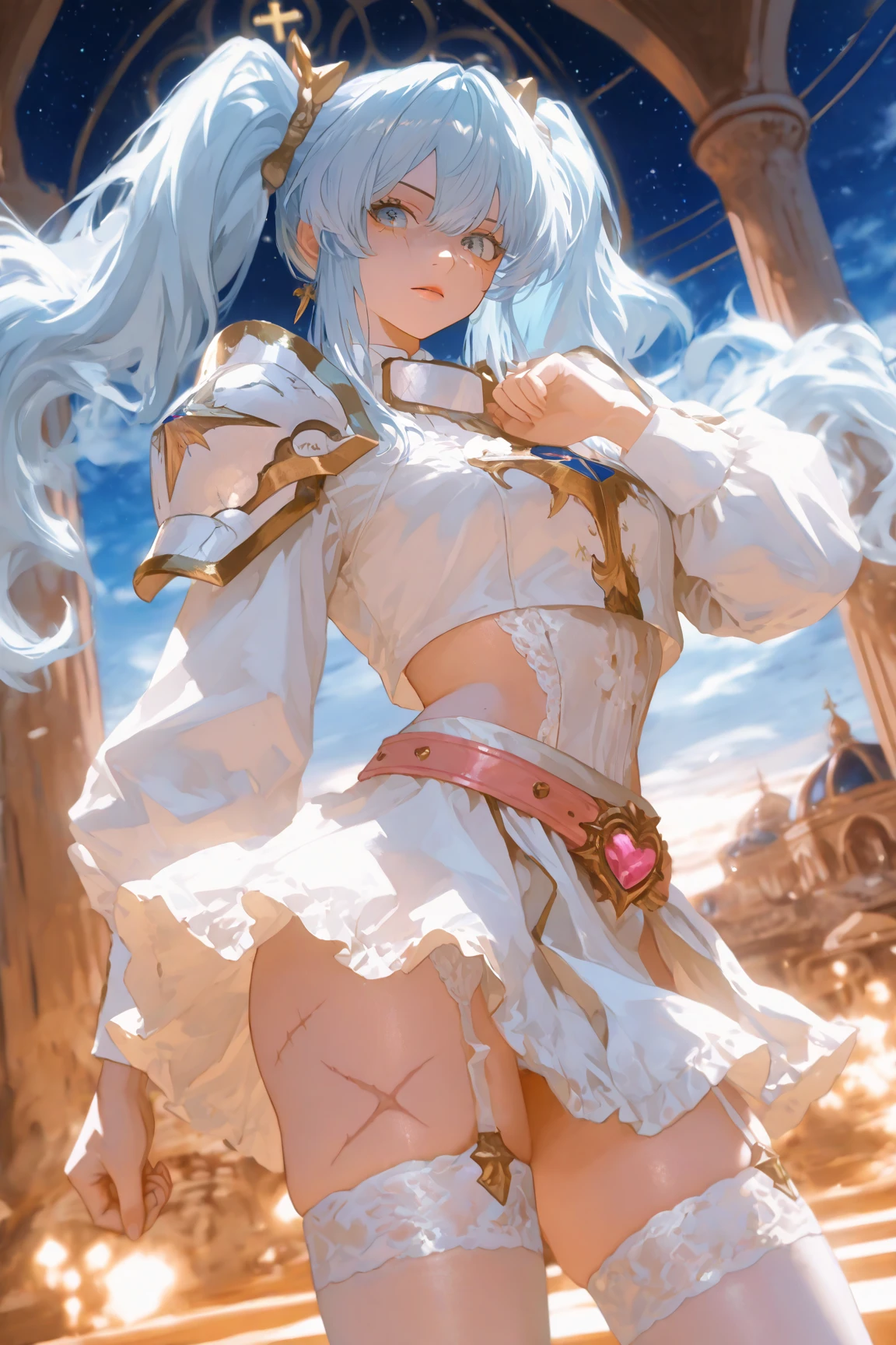 best quality, female, blushing, freckles, white hair, ((oiled skin)), (((adventurer clothing))), ((dungeon corridor)), skinny, (((1girl))), ((facing viewer)), (((thigh highs))), ((tiny breasts)), skirt