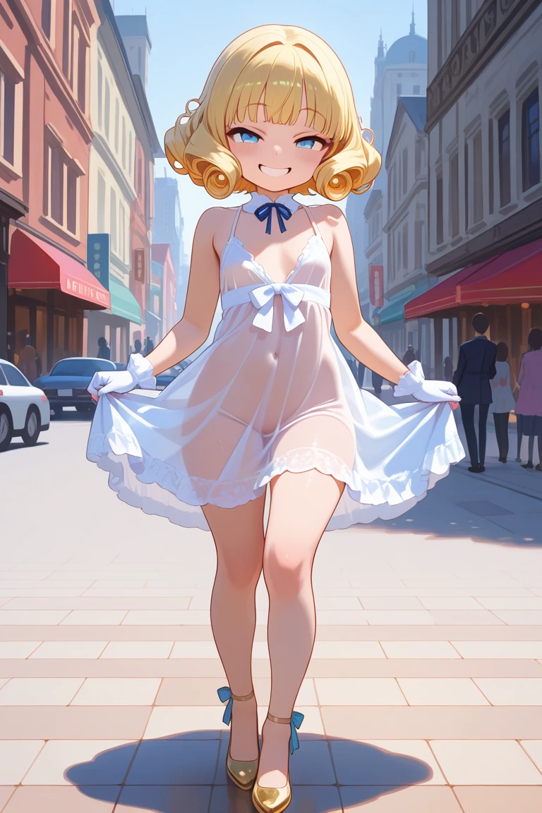 Nsfw,masterpiece, small size head, pinup, Stunning Blonde lady, pale skin, blue eyes,1940s hairstyle stunning, smile,wearing white royal dress, she wear 1940s black stockings , she wear garter belt ,red kitten heels , she wear diamond jewels,thick calves, super thick legs , big ass. She is laying on the ground showing her wet pussy in poor african Town, there are a Lot of garbage and african homeless men.