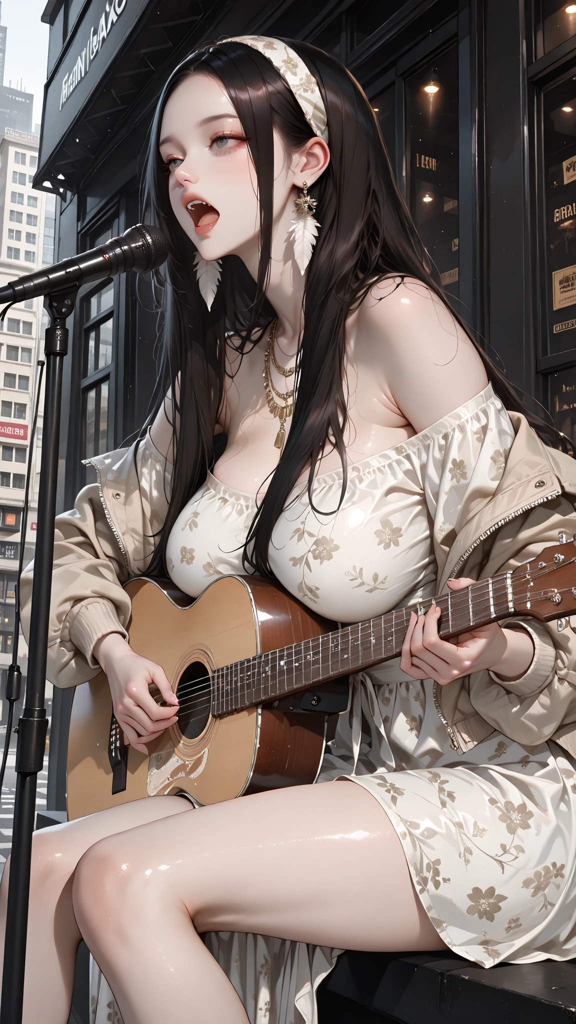Lucy Pinder, ((VERY INTENSE MAKEUP)), sexy woman, voluptuous, cleavage, chubby woman, (Adele), lace, blue hair, long hair, white beret, white blazer, belt, white skirt, pantyhose, sailor, (portrait face), smiling, playing guitar.