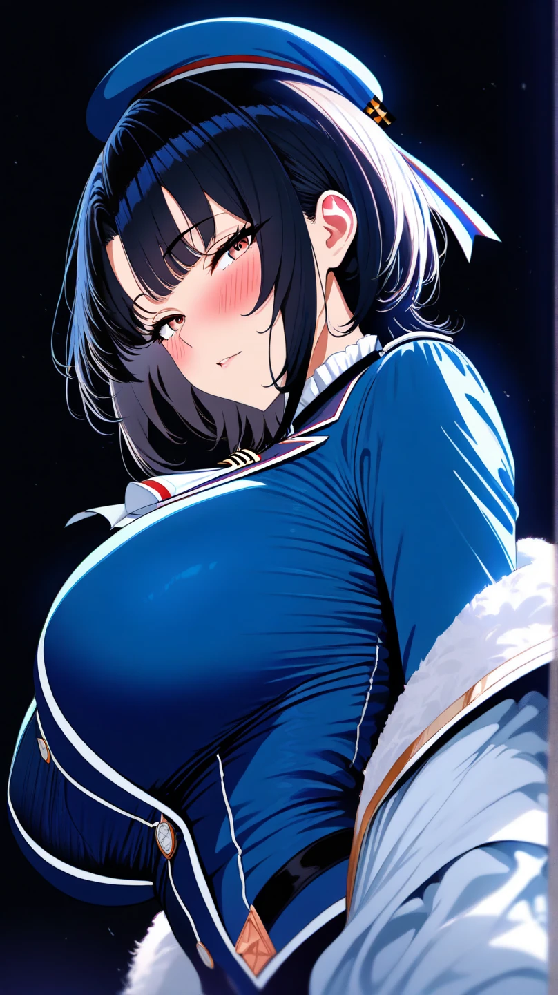 masterpiece, best quality, ultra-detailed, Potrait of beautiful , (chubby) (muscular), (plump), (sexy), (cleavage), ((tomboy)), (anime), (張った乳), (ムチムチ), ((very short hair)), ((Uzaki Hana)), (overweight), ((垂れ下がった乳)), (blue eyes), (へそ), (blue eyes), ((thick)), (へそ出し), (