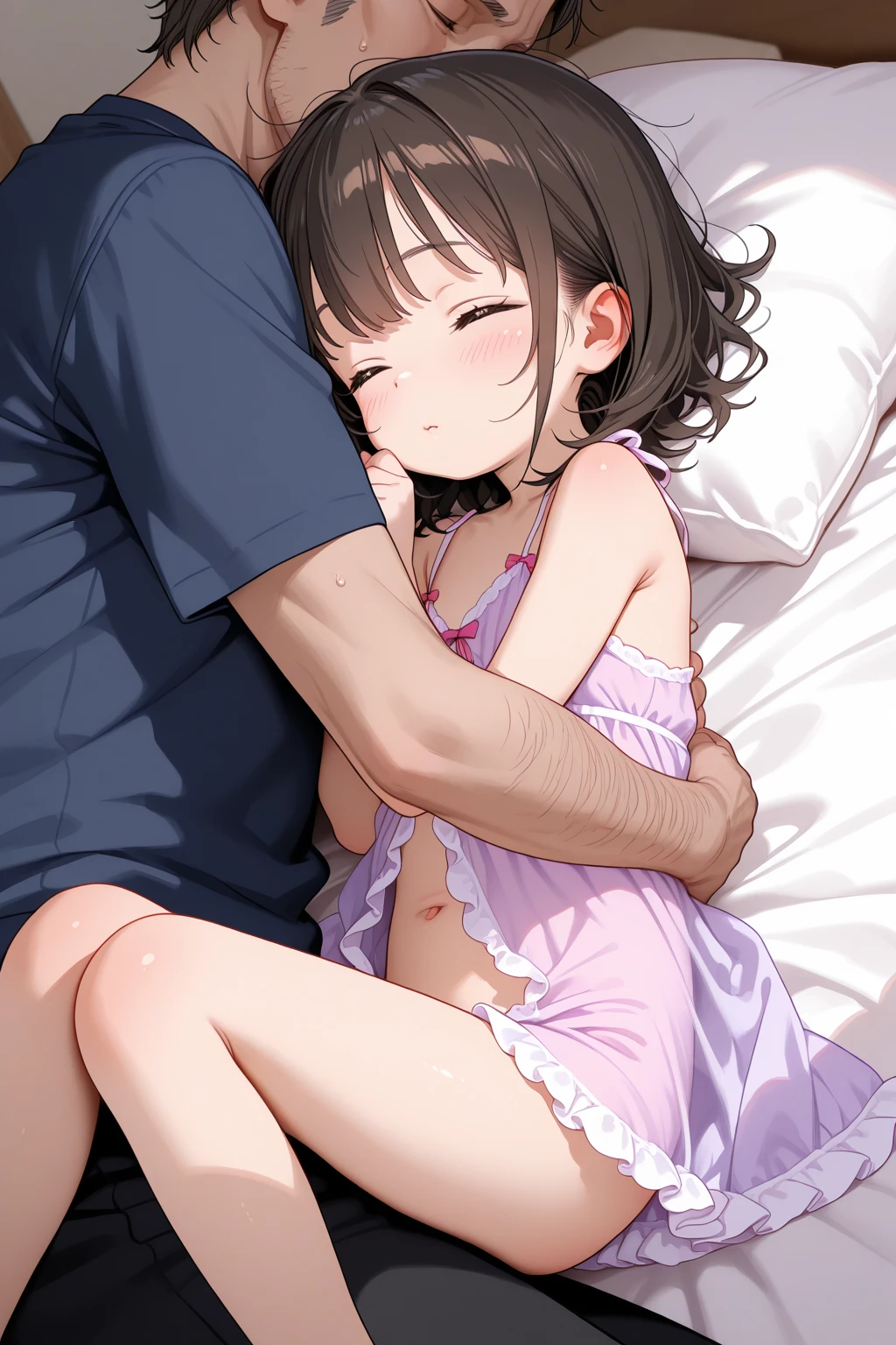 (masterpiece:1.4)、(1male people:1.9)、1girl、15 years old,(:1.2),high school student,beautiful girl,(short ponytails:1.2),akb48,nogizaka46,sailor suit,high ,(A father is touching his delicate girl's crotche:1.9)、student clothes、a closeup、Lying in bed、Father touching the crotch of delicate girl、(Cute 15-year-old delicate girl with semi-long hair and 50-year-old father with short hair)obscenity:1,2、Metamorphosis:1,2、NSFW:1,2、caress:1,2、Wrinkles between the eyebrows、Touching each other's crotches、red blush、toppless、White panties、Dark blue pleated mini skirt、tre anatomically correct,(small breasts:1.2),(skinny:1.2),(fullnude:1.5),nipple,