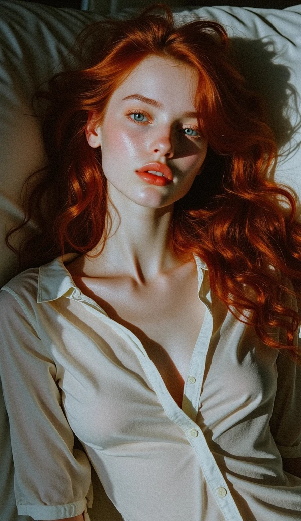 (full-body shot:1) Realistic images (Lying position:1) Surrealism, photography, Long red hair, Miss, 24 years old, Hourglass figure, Perfect body, Flirty look, Medium breasts, Blurred Background, She lies on a modern white sofa in the living room, She looks seductive, 她barefoot, barefoot, She is wearing a white shirt