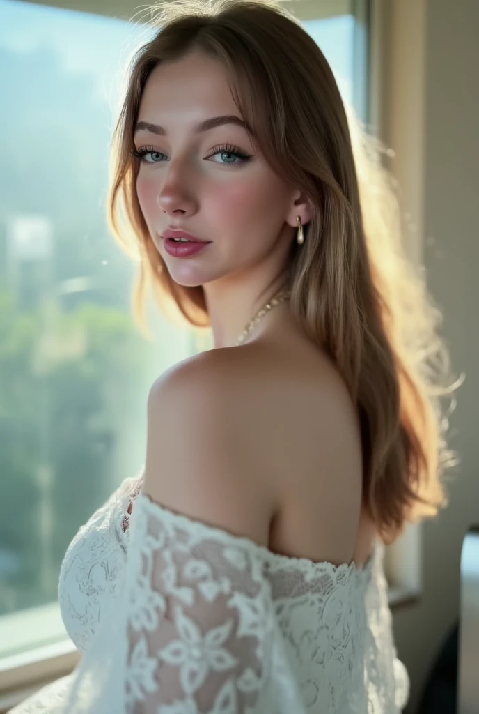 (best quality, highres:1.2), (realistic:1.37),(blonde girl:1.1) with (sexy:1.1) (blond wavy hair:1.1) with (bangs:1.1) (curtain), [bangs]. Rosie Huntington, (cute:0.9) realistic photo portrayed, (HK:0.9) (lace body linggery).top lace,