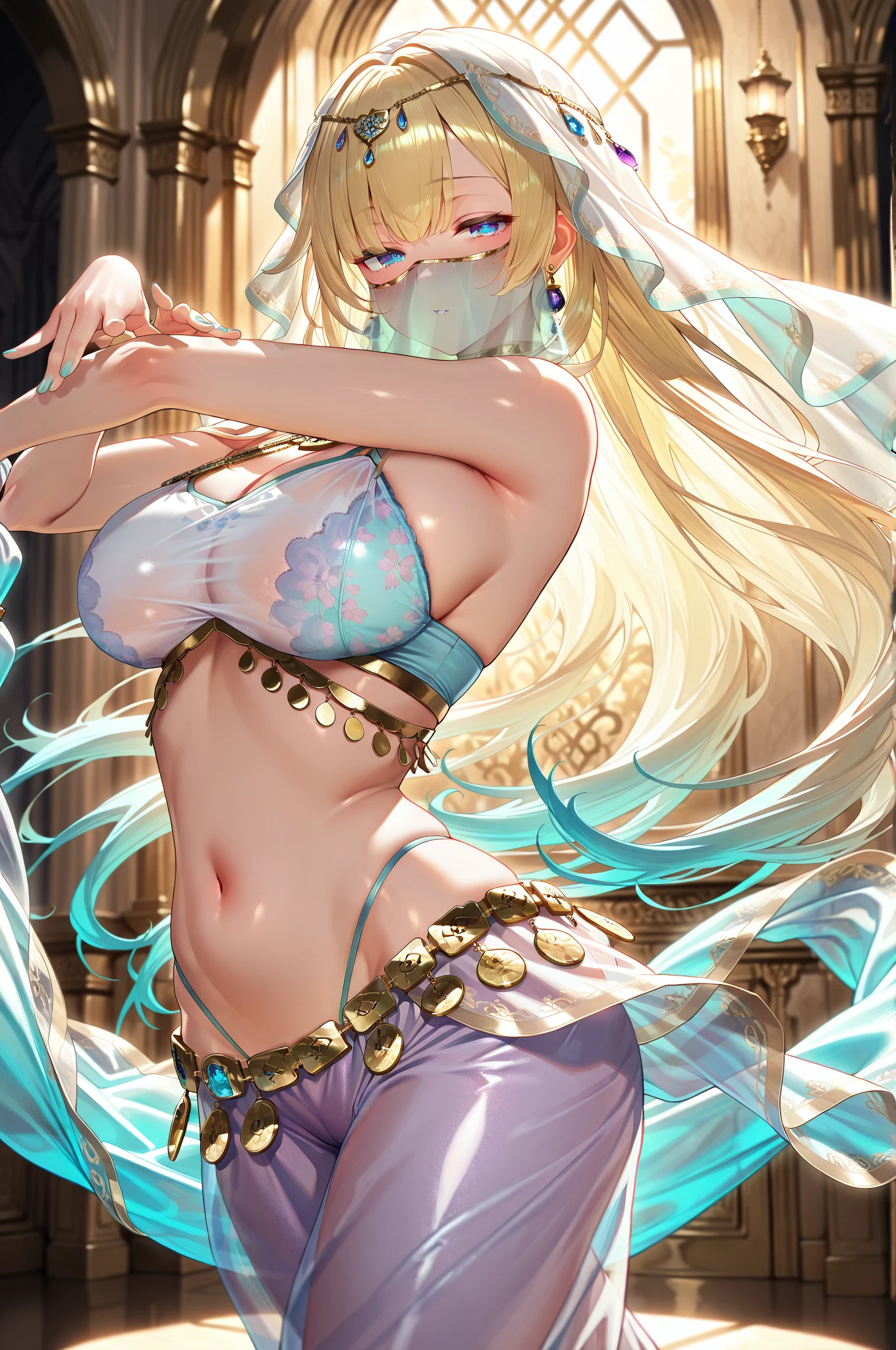 ((masterpiece)), ((high quality)), ((super detailed)), ((high resolution)) ,((8k)), a beautiful woman, ((She is one of the most famous female Gravure actress in the world.)), unparalleled beauty, ((huge breast)), ((large ass)), ((deep cleavage)), slim waist, chest out, ultra detailed face, perfect skin, (((Half-up hairstyle, Blonde straight hair))), blue eyes,  detailed eyes, whole body image, (((anime))), ((glamorous)), 24 years old, ((incredibly beautiful woman)), ((The I cup bust)),  ((((dancer, See-through Dancer's costume)))),  ((beautiful breasts)), beautiful legs, 8 life size, anime, the most beautiful and strongest, ((charm)), ((Grown-up face)), ((Bewitching)), Sexy pose, ((Fantasy)),