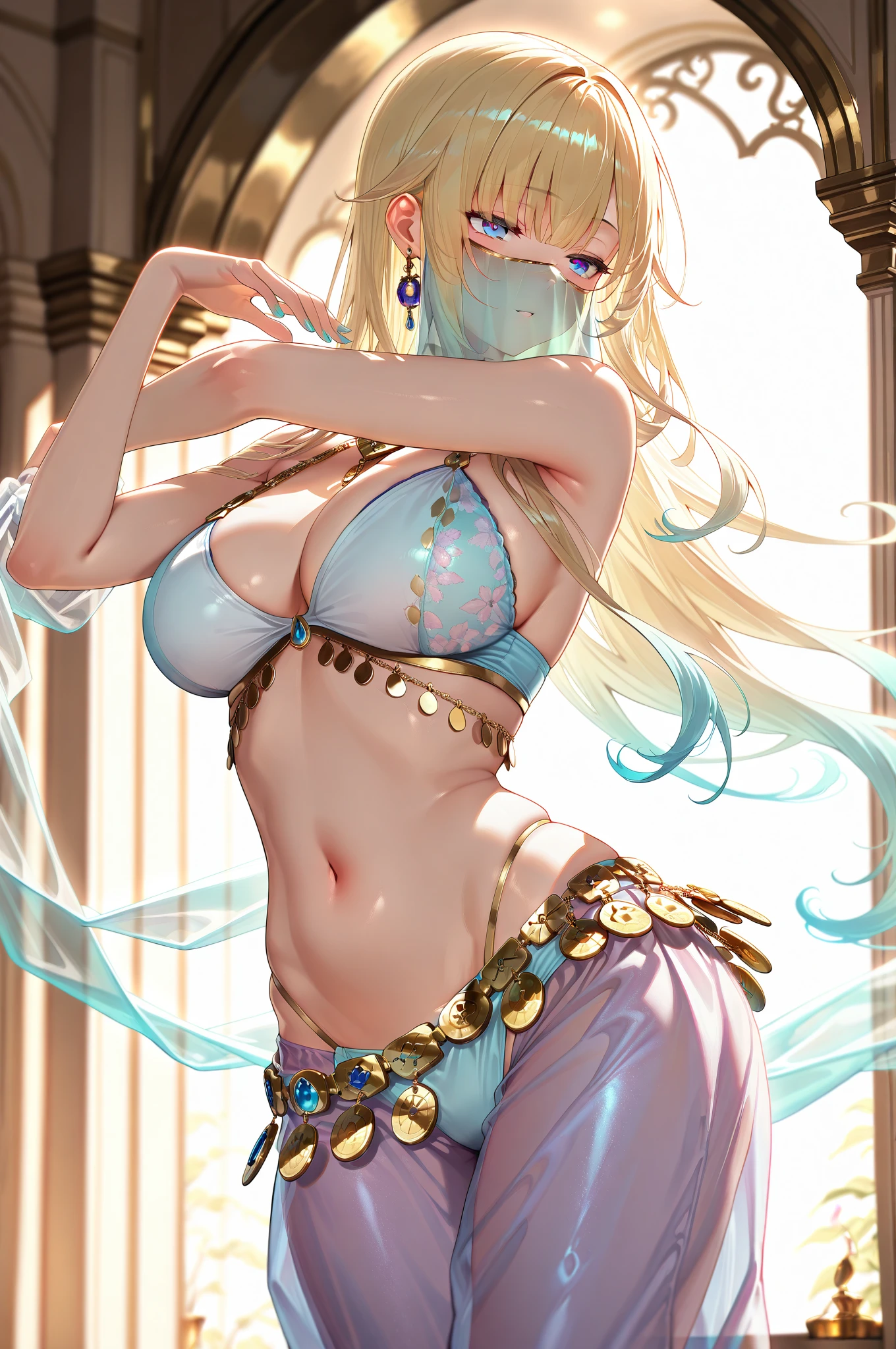 (masterpiece), (Maximize highest quality:1.5), (Maximum highest beautiful digital illustrations:1.5), ultra highest clear details, Smooth, soft, transparent and realistic skin texture:1.5, Maximize real glossy hair texture:1.5, highest beautiful detailed eyes:1.5, (maximum resolution), 16k, 1080p, 300 ppi, 700 dpi, (perfect anatomy), (anatomically correct), Beautiful background with depth, Rule of thirds:1.3, Depth of field:1.5, Maximize optimal and highest beautiful lighting:1.3, dynamic angle:1.3, looking at viewer:1.2, full body, 1woman, sexy, 25years old, beautiful face sharp, elegant woman, Ultimate perfect body style, beautiful beautiful big breasts, Maximize upturned breasts, green eyes, shiny blonde hair, short hair, bob cut, (eyes visible through hair:1.3), glossy very thick lips, pink lipstick, Richly decorated Arabian dancer costume:1.5, (intricately designed with lots of lace), (See-through belly dance mask:1.5), (Pelvic curtain:1.5),