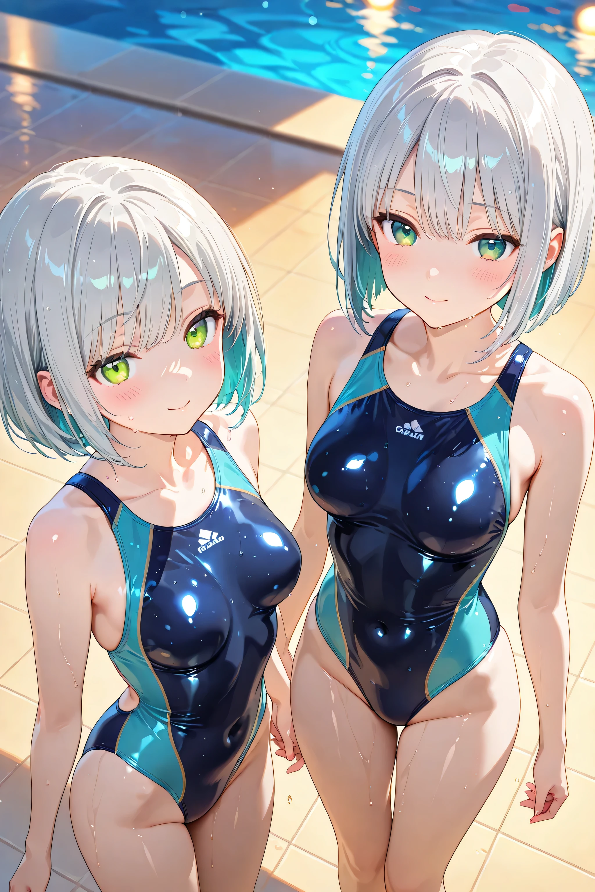 masterpiece、highest quality、High resolution、Two realistic girls、Competitive swimmer、Close-up of a person、Wearing a white bodysuit、During Competitive swimmerics competitions、smile、Swimming Venues、sexy competitive swimwear