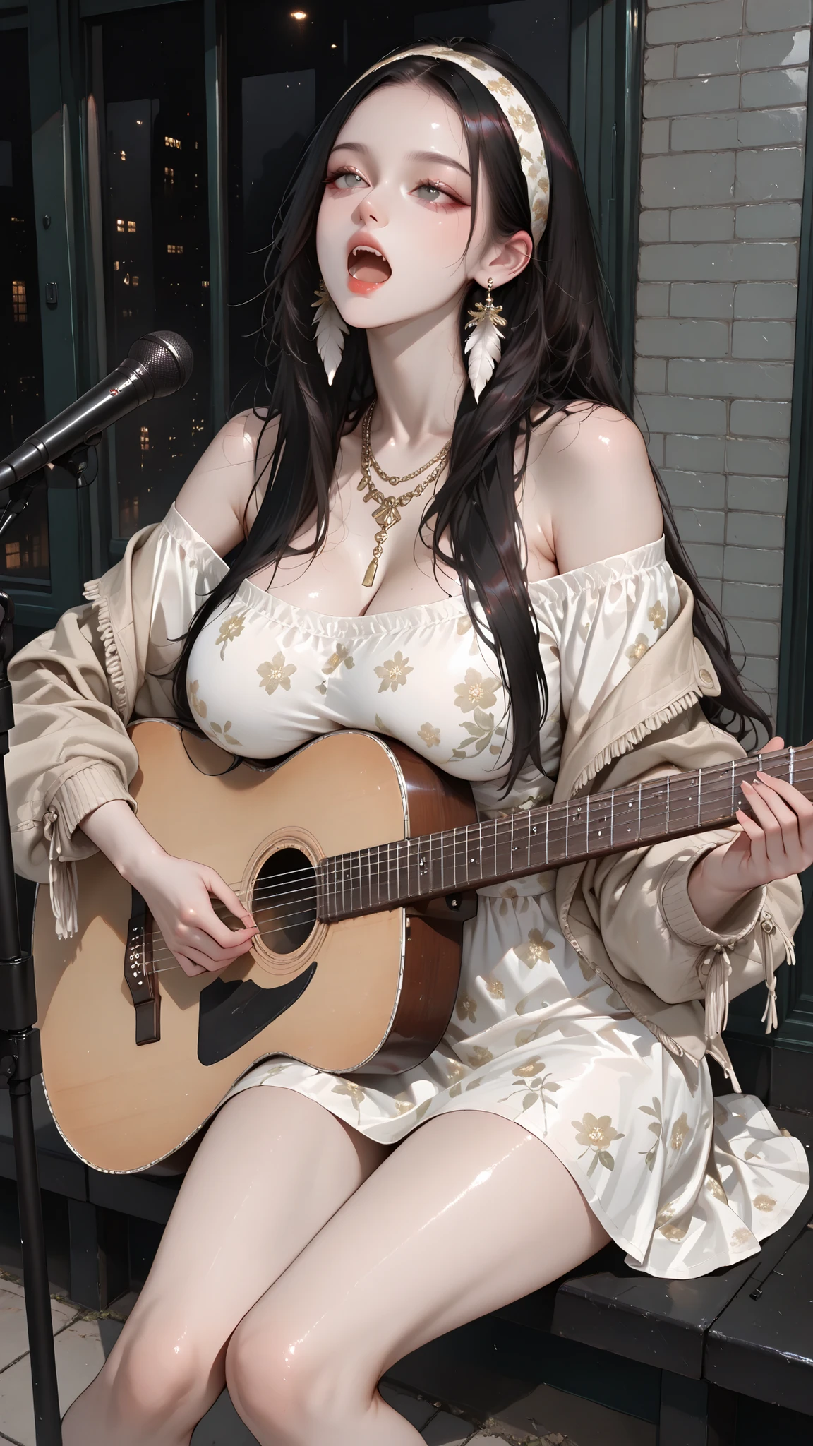 masterpiece, best quality, vibrant, very aesthetic, high contrast, (semrealistic), newest, koreanai, best_quality, finely_detailed_eyes_and_detailed_face, (1 girl, band), long_hair, no bangs, forehead exposed, slim_face, gray_eyes, skinny,(huge_breasts:1.3) large_hips, (tall_girl:1.2), (long legs:1.2),BREAK, bohemian_dress, long_dress, floral_dress, off_shoulder_top, fringe_jacket,feather_earrings, layered_necklaces, headband, , BREAK, sitting, dynamic_pose, upper_body, (open_mouth:1.3), singing, microphone_stand, playing_guitar, acoustic_guitar, expressionless, BREAK, outdoor, busking, street_performance, daytime, main_steet, downtown, building, BREAK, fabric_texture, glossy_skin, skin texture, glamorous mood,  pretty, 
,beautiful, (upper_body), ,  close-up shot,  portrait, side_view, from_above, (black_hair:1.3)