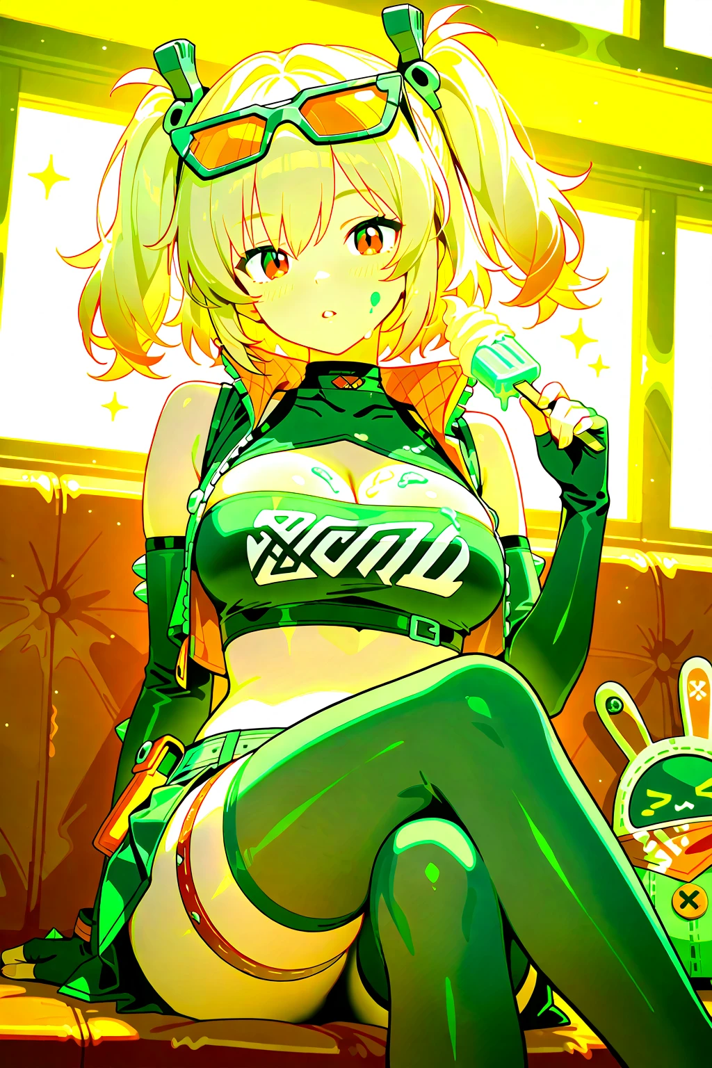 (masterpiece), (best_quality), (ultra-detailed), (illustration), (welcoming), 1girl, monster girl, (grass drone:1.3), (in a lush, unpleasant spring meadow:1.3), scenery, full body, thigh gap, vivid multicolor eyes, [:revealing costume design:0.2], cameltoe, small breasts, sexy hourglass figure,skindentation, (wizard outfit, cleavage cutout:1.2), (african, dark skin:0.6), official art, vivid color, finely detailed, hyper detailed, 8k, high resolution illustration, absurdres, intricate detail <lora:cutemix5:1>