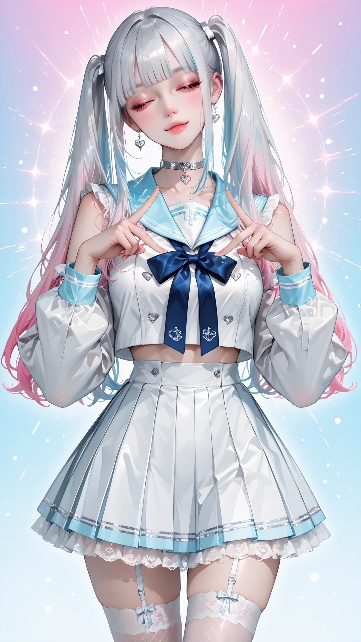 (masterpiece), (best_quality), (amazing_quality), perfect_skin, realistic_lighting, hair_strands, symmetrical_face, sharp_features

idol_style, vtuber, digital_avatar, anime_girl, big_eyes, glossy_eyes, small_nose, small_mouth, (cute_face:1.2), slender_neck

sailor_uniform, school_uniform, idol_costume, frilled_dress, neck_ribbon, pleated_skirt, detached_sleeves, choker, lace_stockings, platform_shoes

long_hair, twintails, hime_cut, bangs, gradient_hair, colored_hair, (pink_hair:1.1), (blue_hair:1.1), (silver_hair:1.1)

peace_sign, looking_at_viewer, energetic_pose, v_pose, winking, head_tilt, heart_pose, upper_body, cowboy_shot

studio_background, streaming_room, colorful_background, glowing_lights, soft_light_particles, digital_frame_effects

soft_shading, subsurface_scattering, fabric_texture, glossy_skin, ambient_lighting

tall_female, slim_waist, long_legs, model_like_body