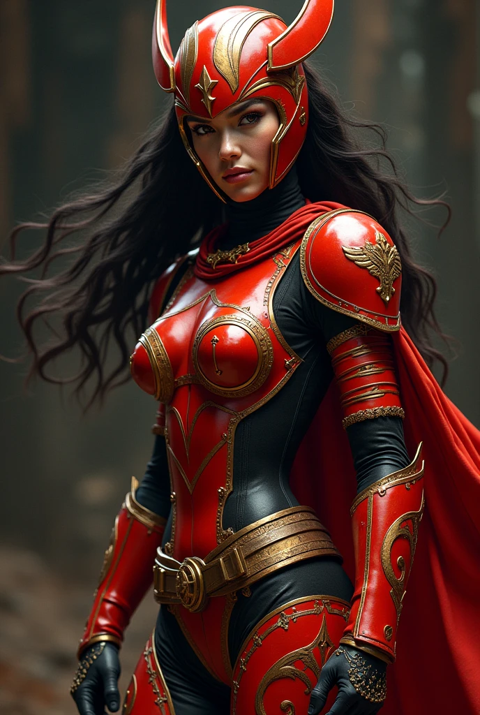 (((A beautiful woman under the cloak of Big Barda has long hair with a helmet her eyes are light blue. Her superheroine costume is samurai themed.. His usual costume includes a red leather jumpsuit with scales and a gold-colored armor top over his jumpsuit, a wide and thick gold-colored belt, burnt yellow boots and gloves. (((on his knees in an apocalyptic city with much destruction)))