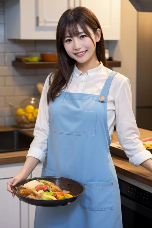 Tabletop, highest quality, shape, Very detailed, In detail, High resolution, 8k wallpaper, Perfect dynamic composition, Beautiful details, apron,Medium Hair, Center of chest, Natural color lip, Random sexy poses,smile,Tower apartment,kitchen
