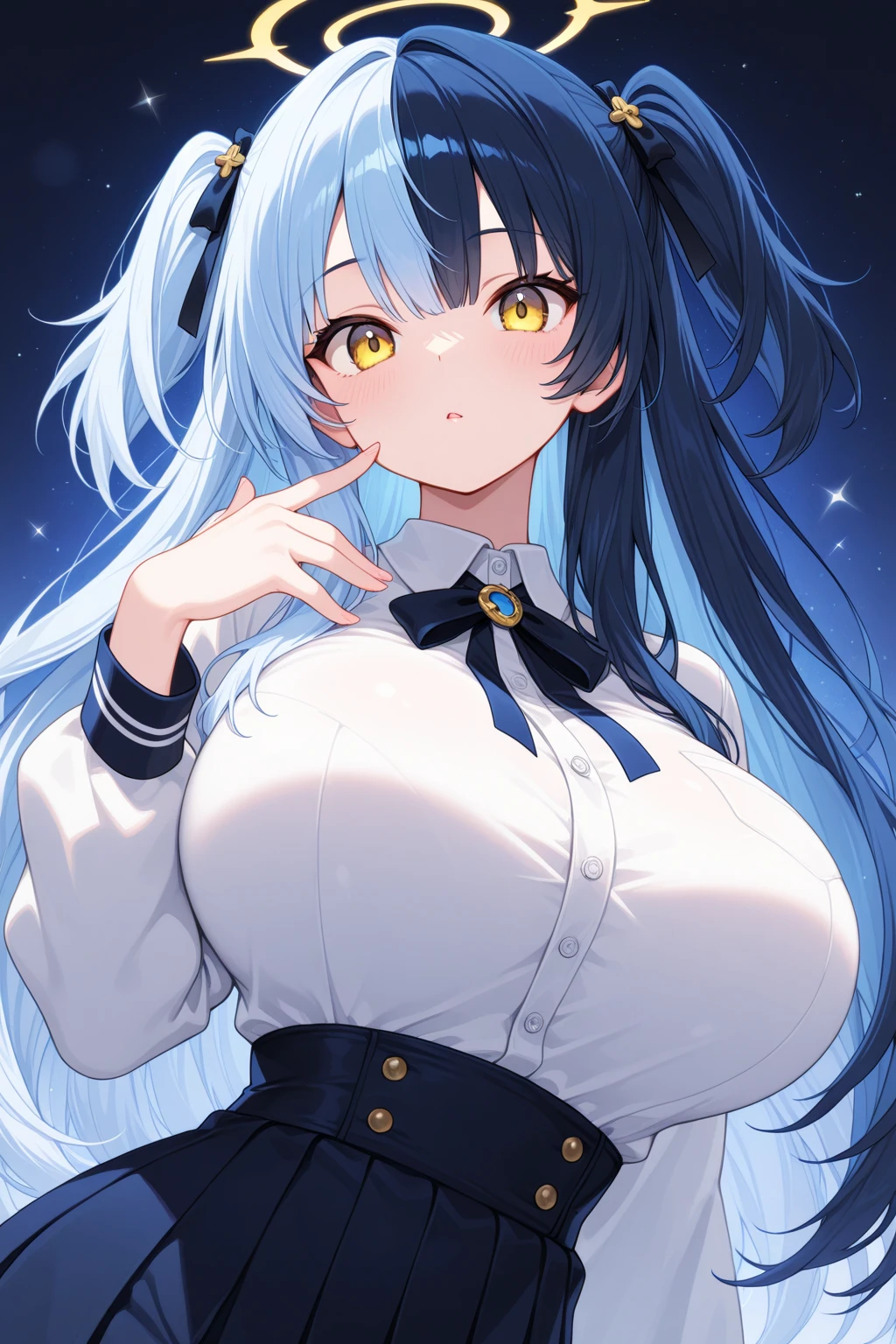 Galina, 20 years old, the goddess of galaxies, long dark blue hair, dark blue eyes with star sparkles, huge breasts, touching with an open dark blue dress with galaxy glitter, touching her breasts, talking to the crystalline goddess if she can do something for her.hentai