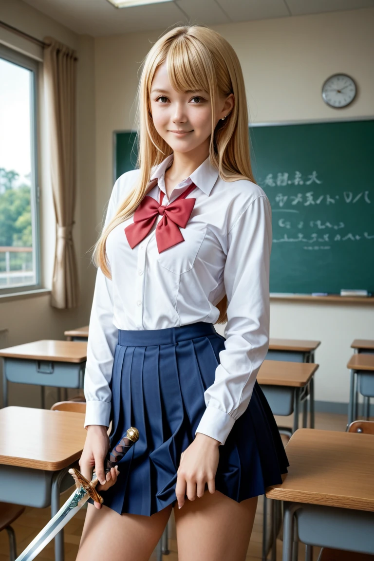 Browsing Caution、8k,highest quality, masterpiece, Very detailed, Ultra-high resolution, Realistic, RAW Photos, , Absolute Resolution, Complete limbs、Complete Anatomy、Perfect beautiful skin、pretty girl1人,Cute girl 、tanned skin 、(smile:1.3)、、(School Uniform:1.1)、(Short sleeve white collar shirt:1.1)、bow tie 、、(Tartan check micro mini skirt:1.1)、、(Cleavage:0.7)、、、(blonde:1.2)、、、pretty girl、 , Realistic young gravure idol, Japanese Girls、、alone、classroom、Sit on a desk、