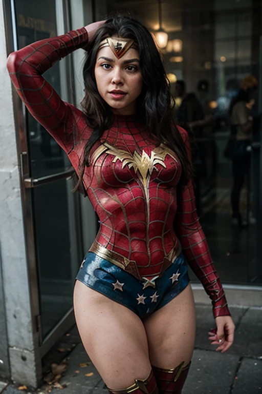 1 girl, 22 years old, , Italian, Colombian mix, South American origins, thin and not very muscular body, black hair color, long hair body defined large breasts, costume dress of spider man, standing in front of camera