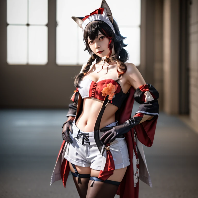 realisitic、Red hair color、Purple eyes、Black mini cheongsam with many slits、Very white skin、Morning sun shining、Ahoge、Transparent Apron、silver tiger fur coat、big weapon