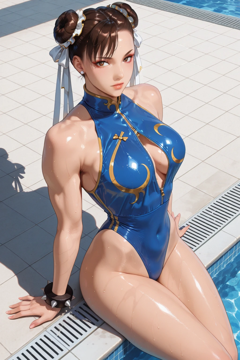 Top image quality、top-quality、8K picture quality、1girll、full body Esbian、Ayane、A smile、embarrassed from、red blush、Beautiful fece、Bright purple hair、(Gold Metallic:1.4)、(Sleeveless)、(High neck competitive swimsuit)、(highleg)、(Crotch penetration)、(pin heels)、Squatting on the ground、(Open your crotch wide from side to side)、Arms behind your head、(Show off your armpits)、gazing at viewer、((Face the viewer))、((Show viewers your crotch)) 、((Frontal shot))、in poolside、profetional lighting、professional photograpy