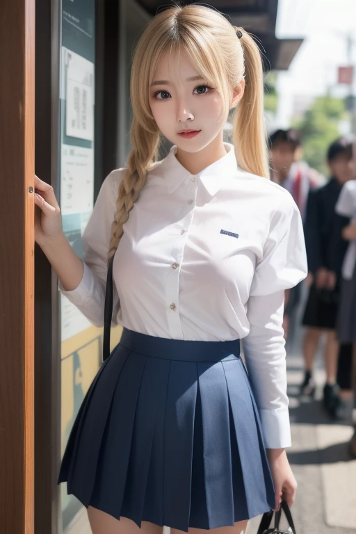 (masterpiece, best quality, high quality, realistic), (1girl, solo, standing, straight-on, head to thigh, embarrassed, blush), (double bun, blonde hair), (nsfw), (school uniform, bottomless, nipple, pussy)