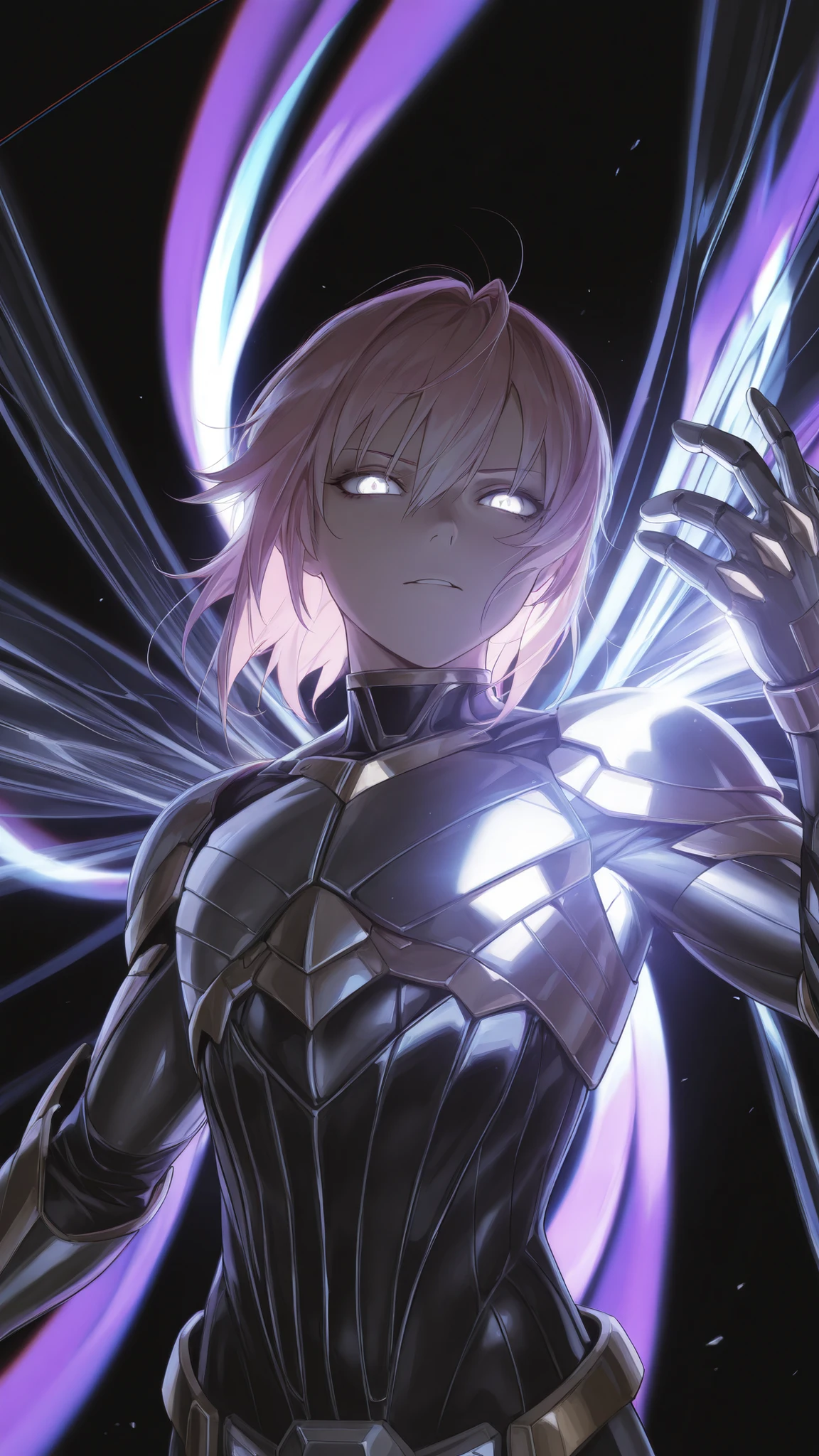 edgNanosuit, science fiction,(face focus, medium shot:1.22), dynamic pose, three quarter shot, mature, flat chest, femboy, (1boy:0.25), solo, effeminate, tomboy, masterpiece, best quality, amazing quality, very aesthetic, high resolution, ultra-detailed, (soft shading, soft shadows, volumetric light:1.14), dramatic lighting, absurdres, (astolfo:0.25), white hair, medium hair, glowing white eyes, pink hair, protoss, hierarch armour, glare, wristblade, gauntlet, aura,